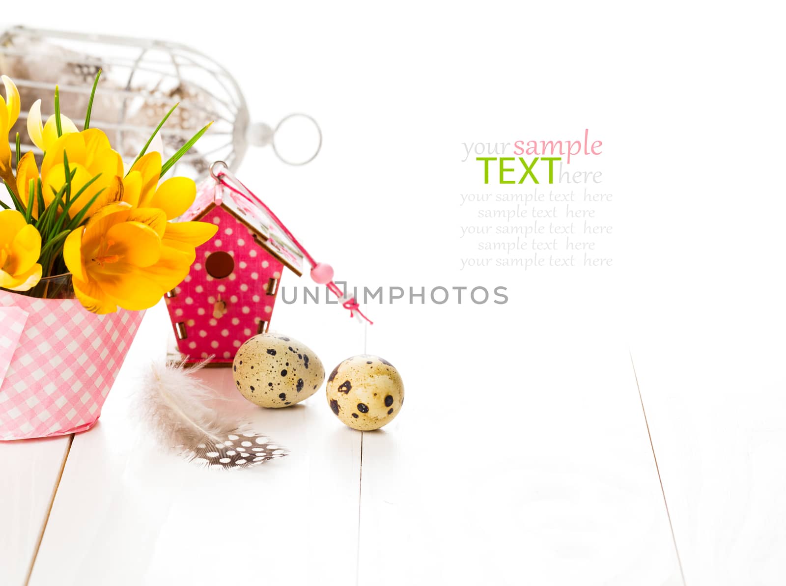 crocus flowers on white wooden background, spring decoration with quail eggs and birdhouse