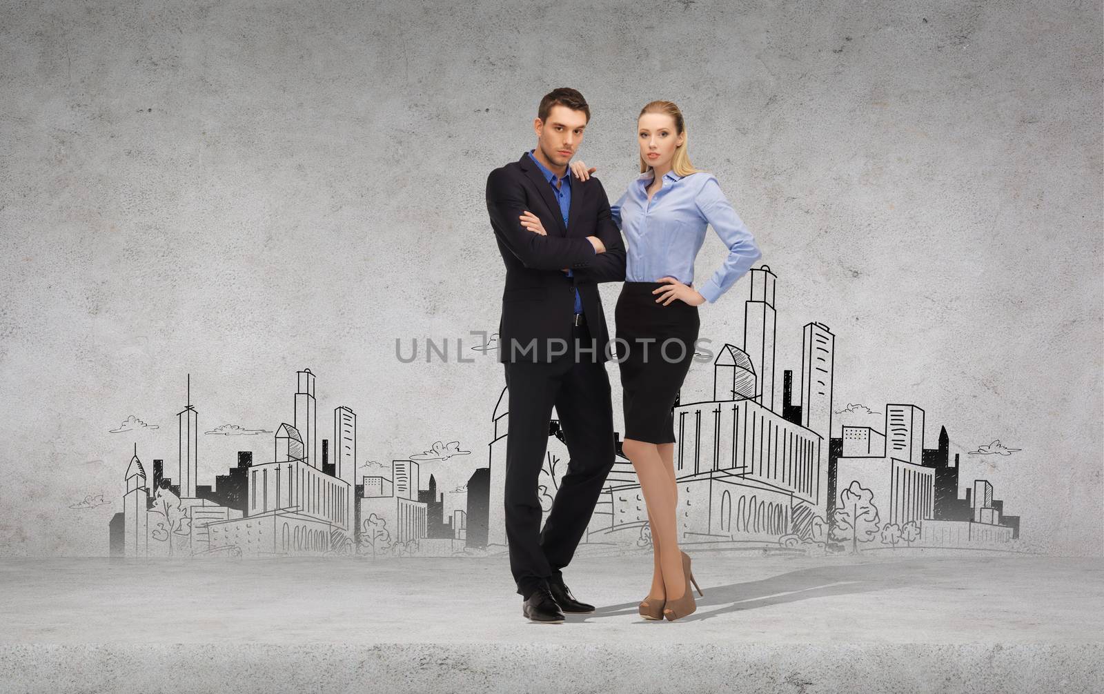 business, office and education concept - serious businessman and businesswoman with city in the back