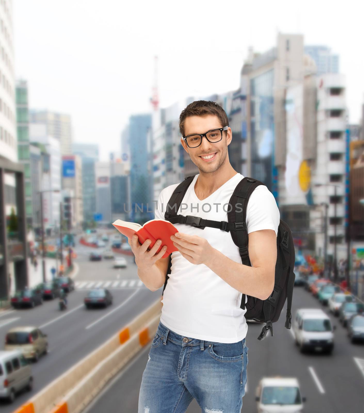 travel, vacation and education concept - travelling student with backpack and book