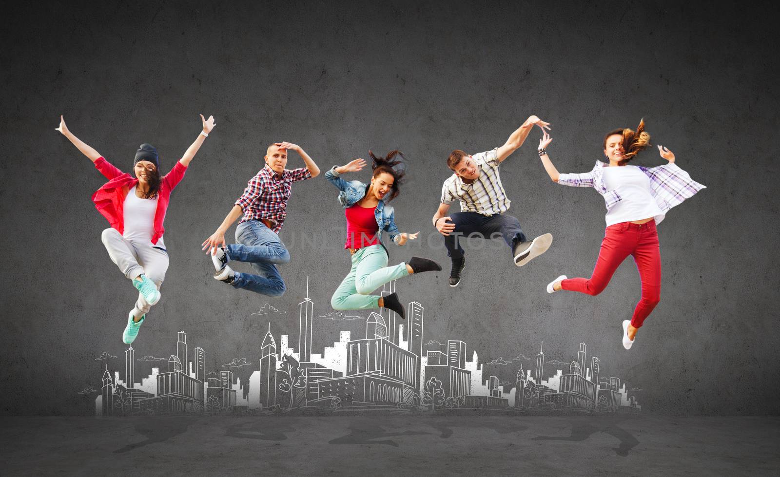 summer, sport, dancing and teenage lifestyle concept - group of teenagers jumping with city drawing in the back