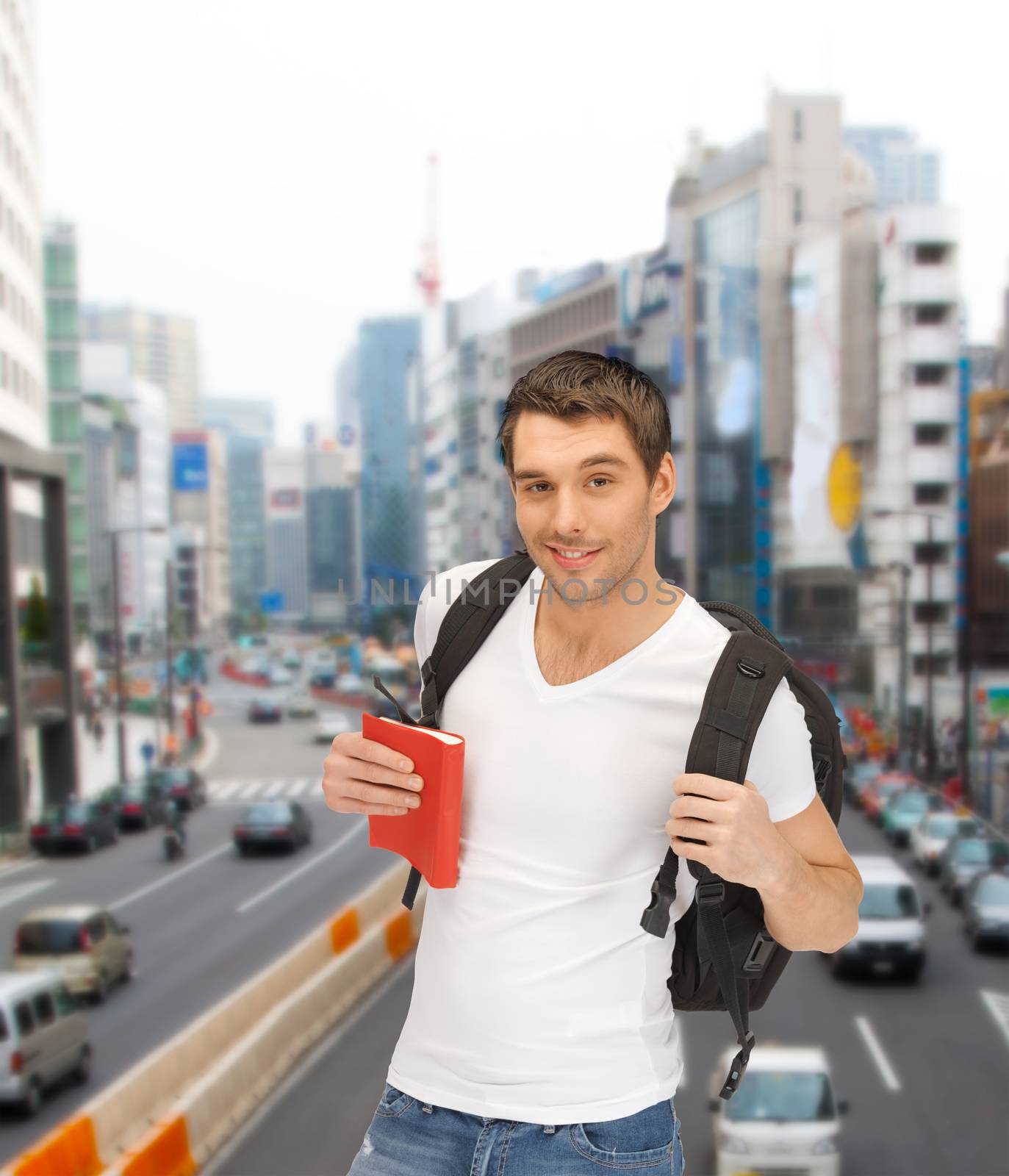 travel, vacation and education concept - travelling student with backpack and book