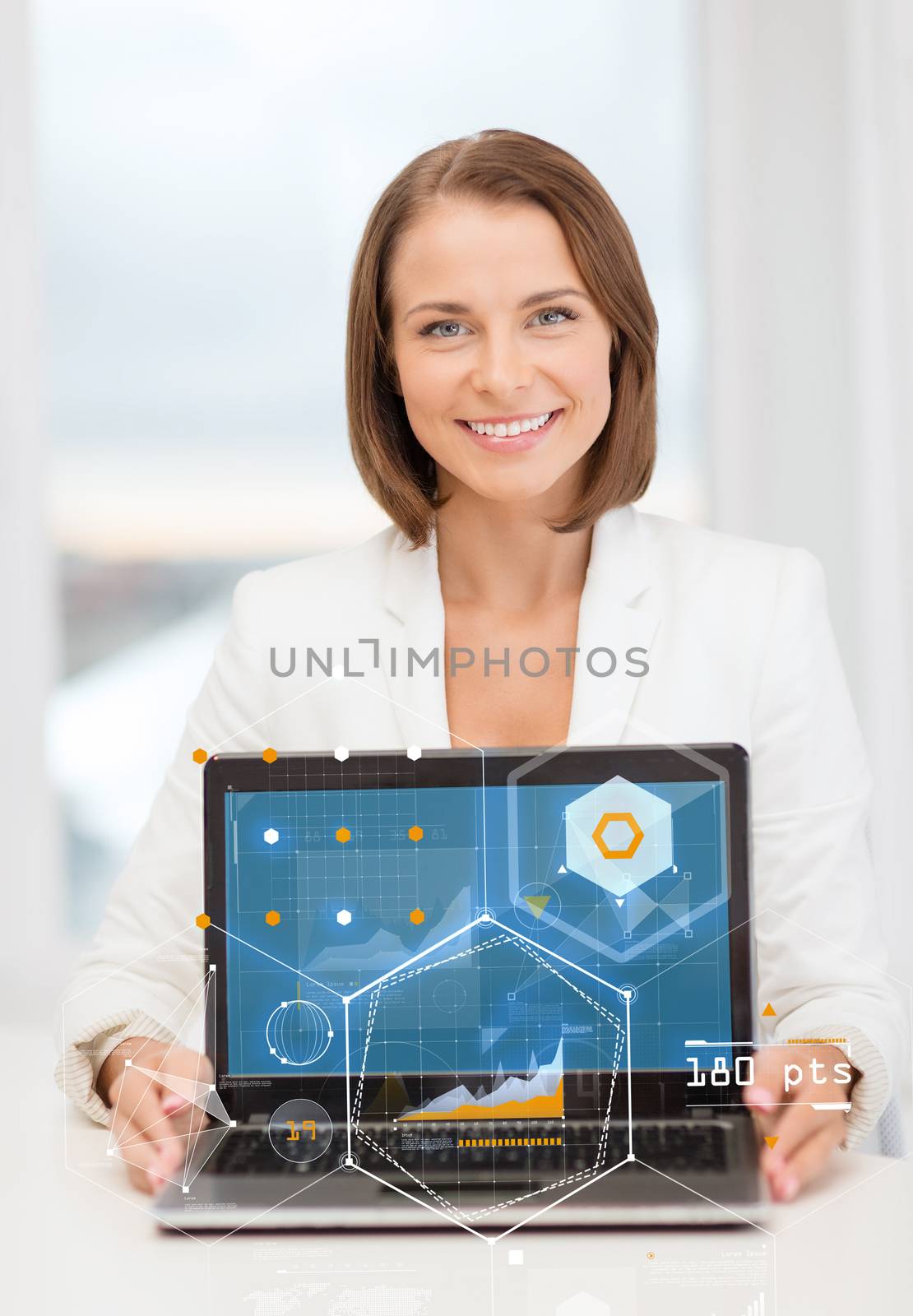 education, business, technology and internet concept - smiling woman with laptop computer in office