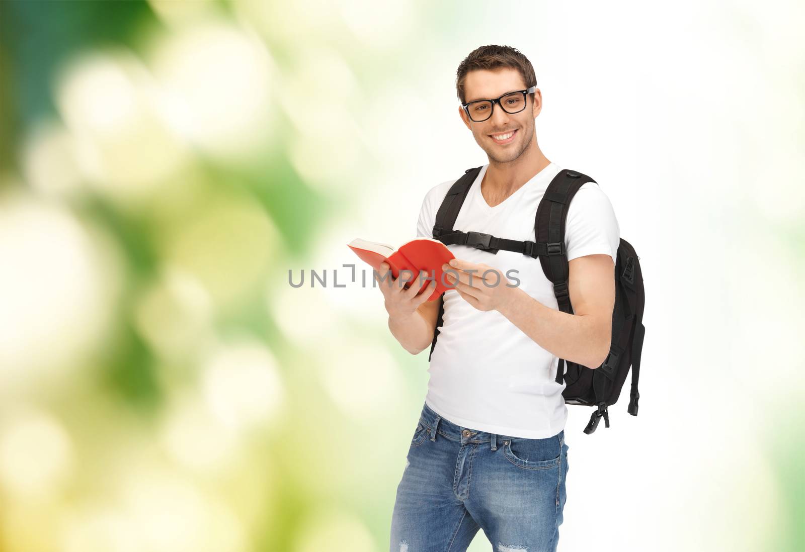 travel, vacation and education concept - travelling student with backpack and book