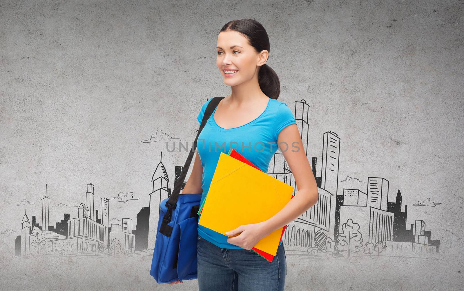 education and people concept - smiling female student with bag and folders