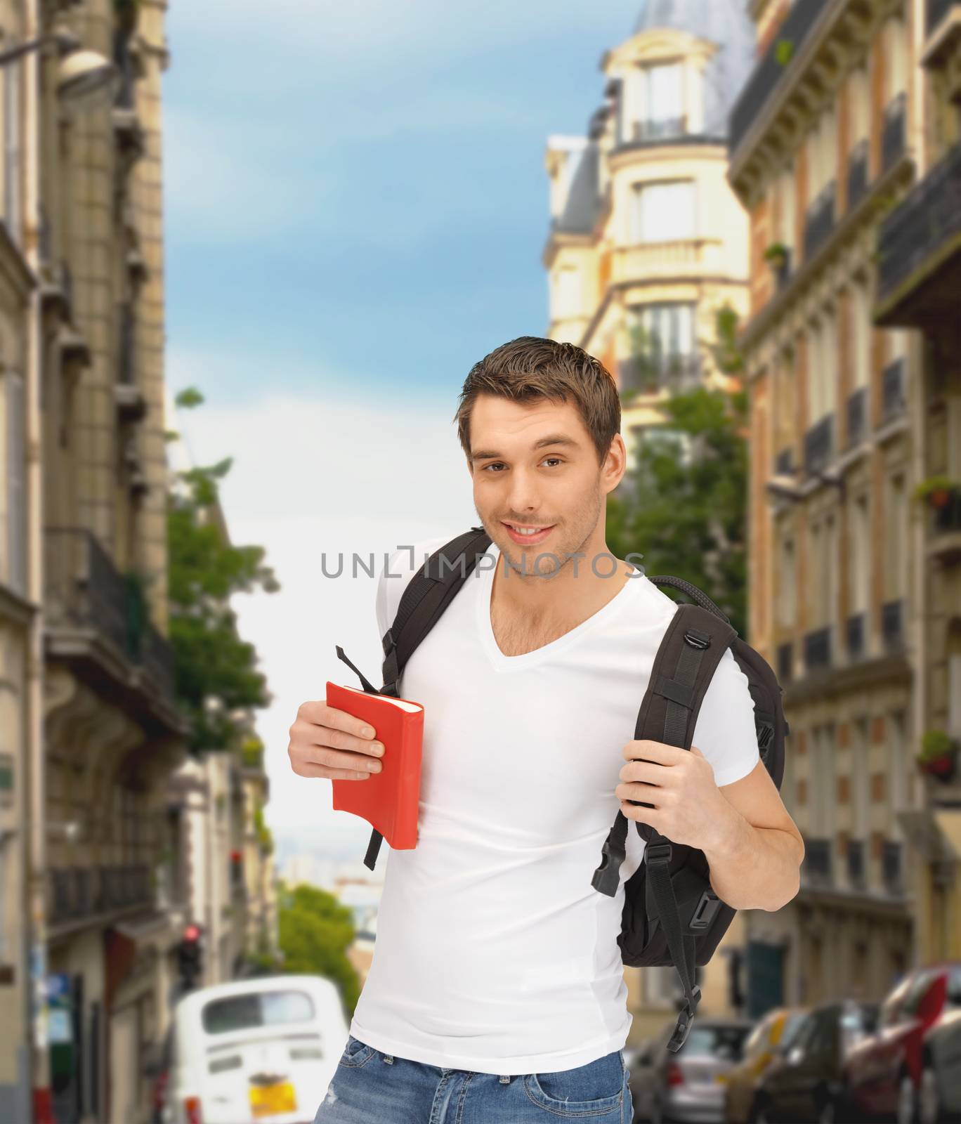 travelling student with backpack and book by dolgachov