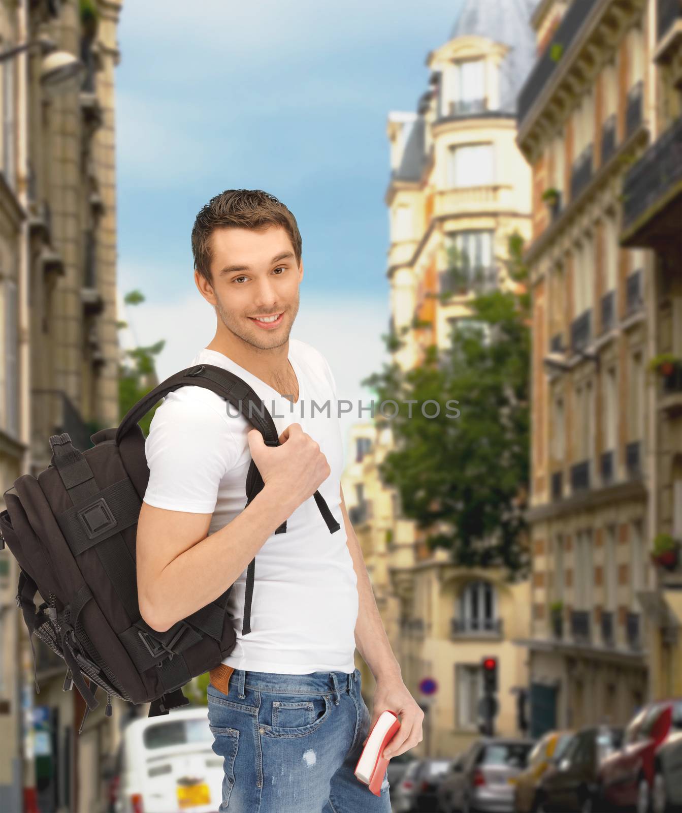 travelling student with backpack and book by dolgachov