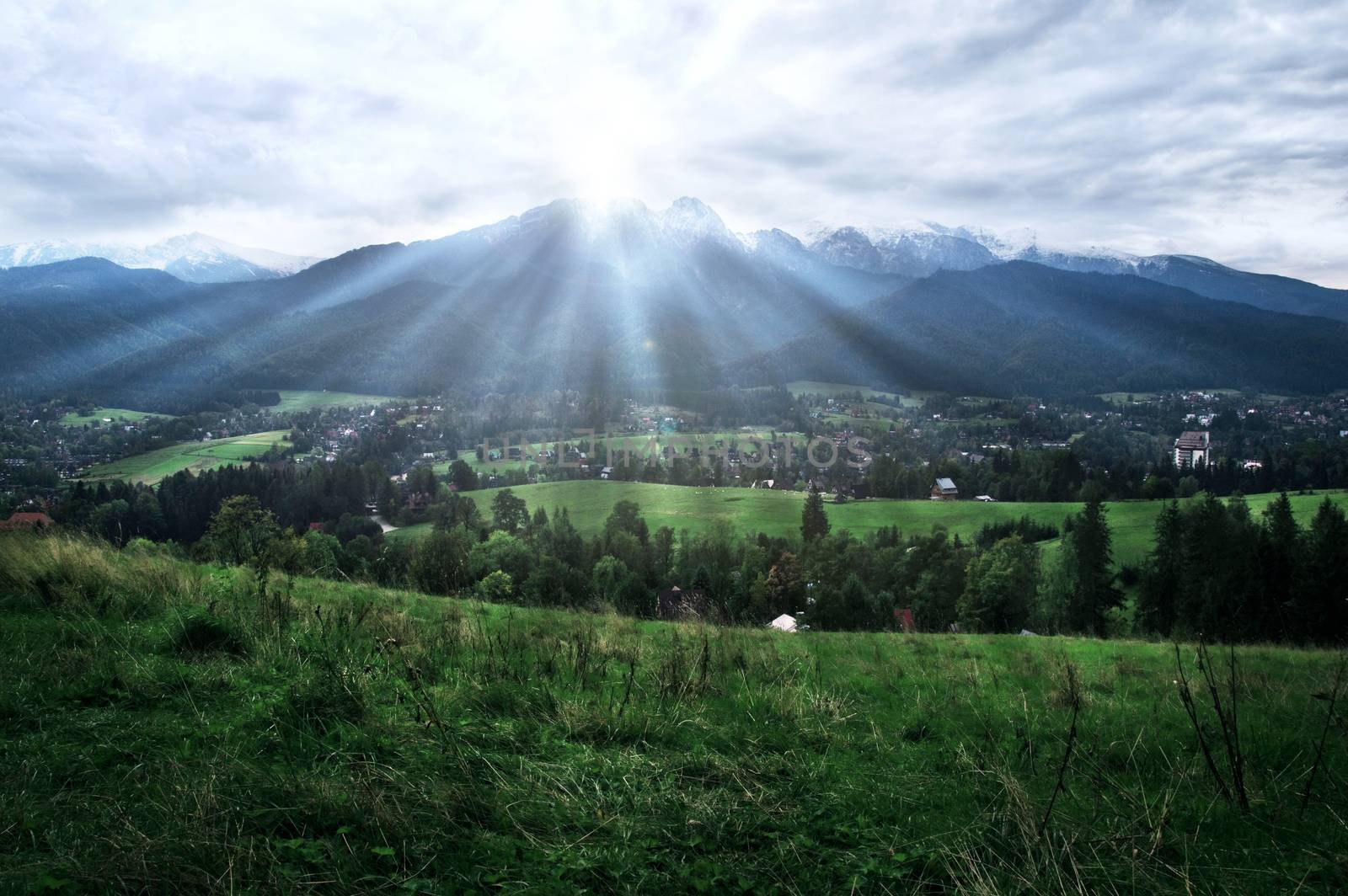 Clouds over Tatra mountains and Zakopane city. Nature Landscape.