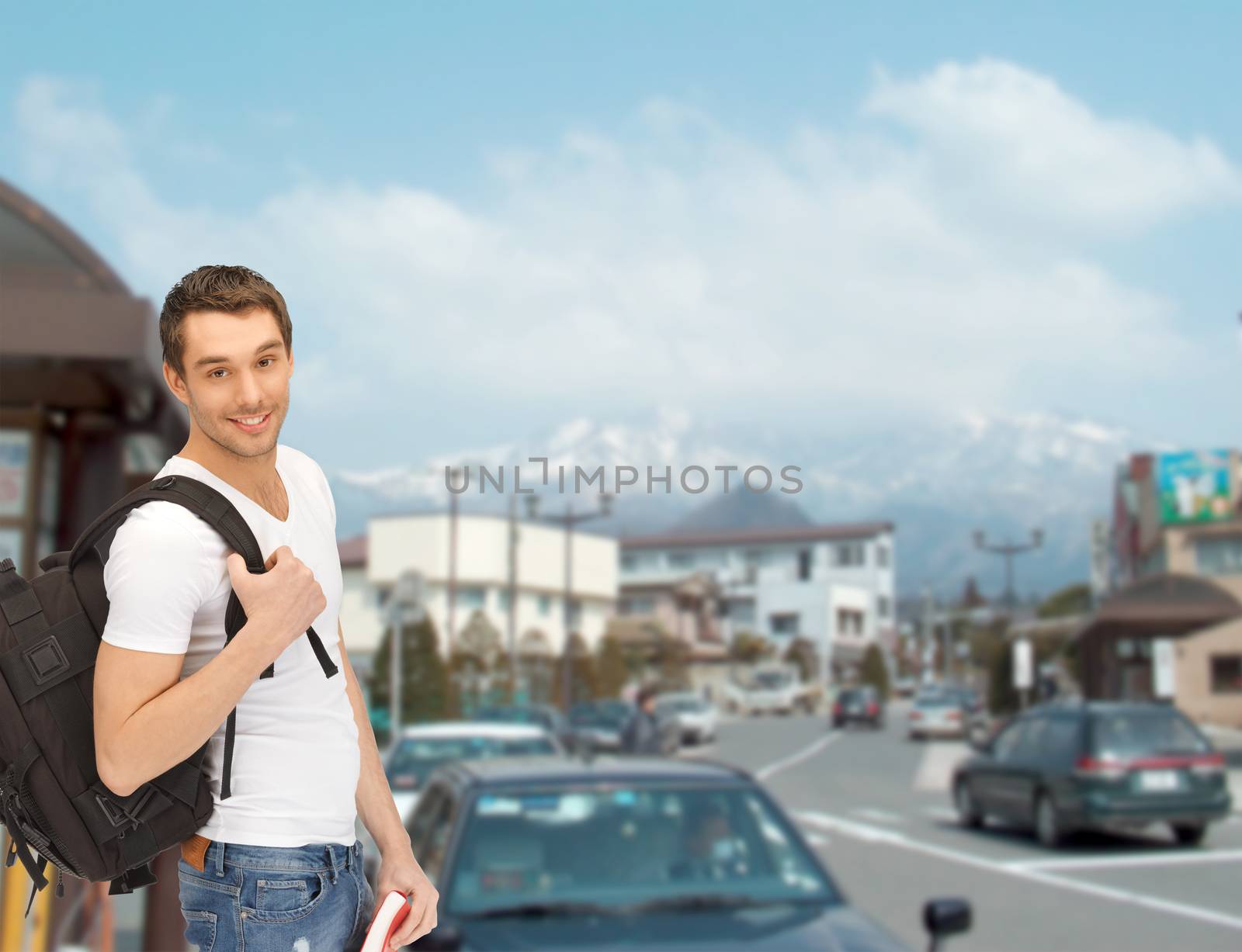 travel, vacation and education concept - travelling student with backpack and book