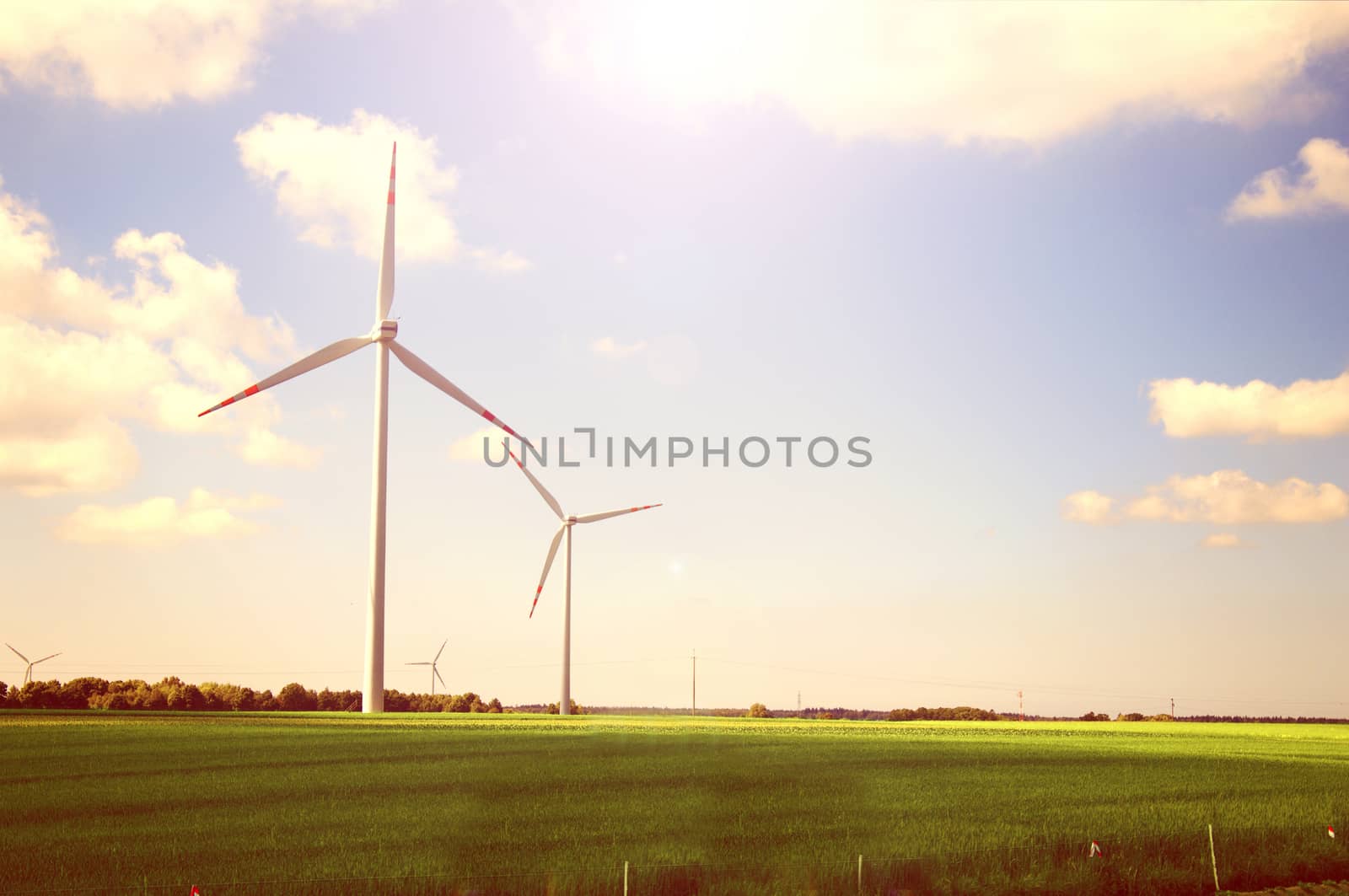 Windmills on the green field against sunshine sky at summer. Alternative energy