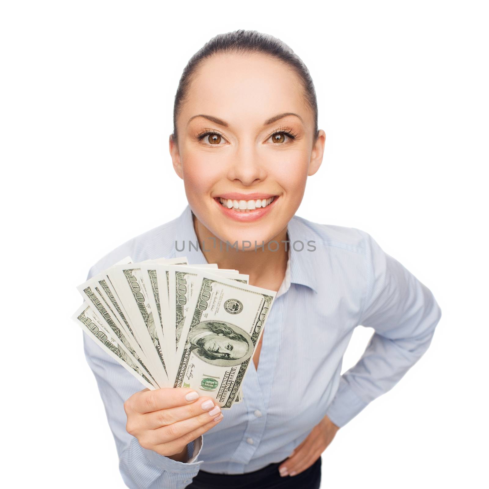 smiling businesswoman with dollar cash money by dolgachov