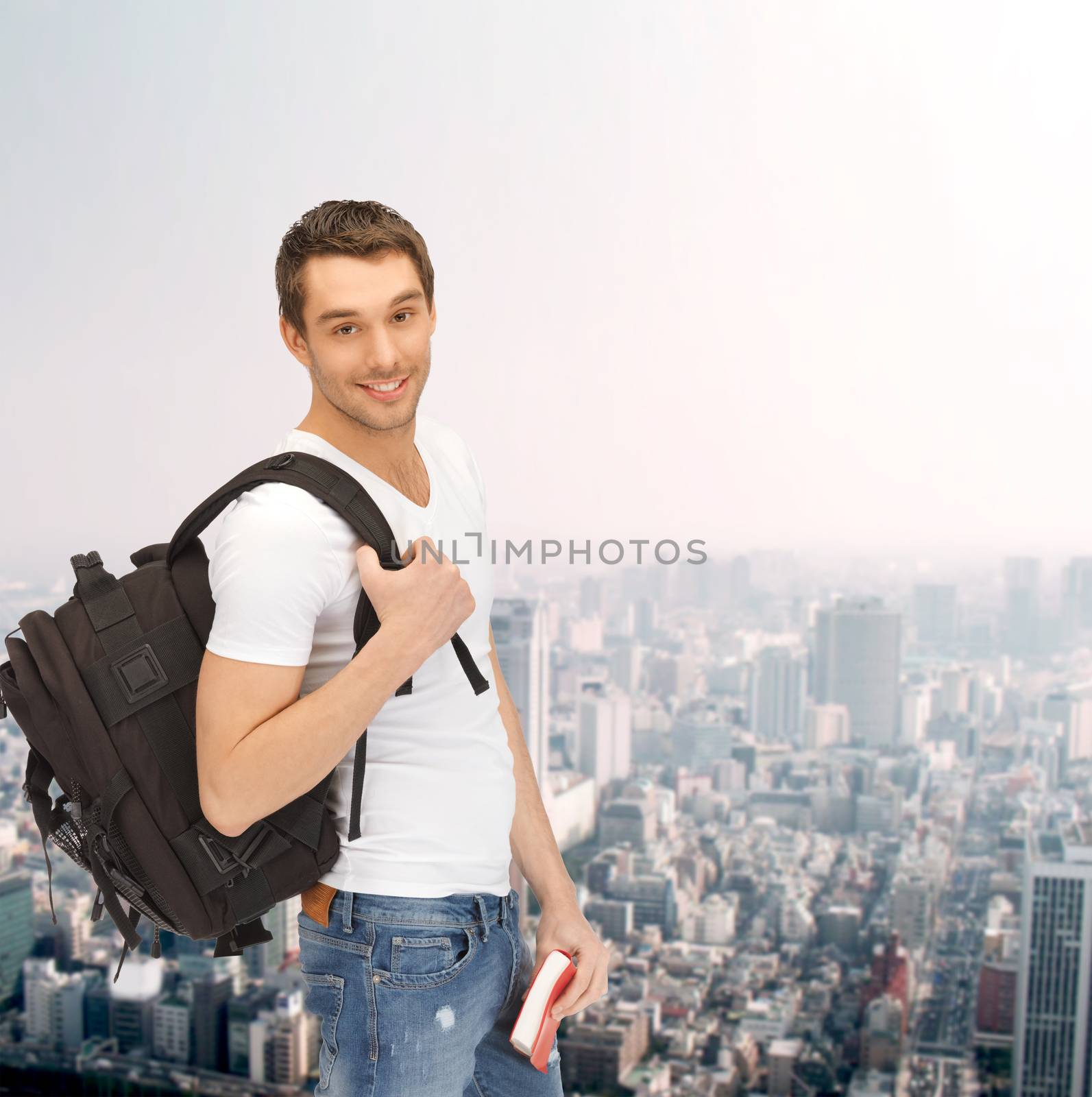 travelling student with backpack and book by dolgachov