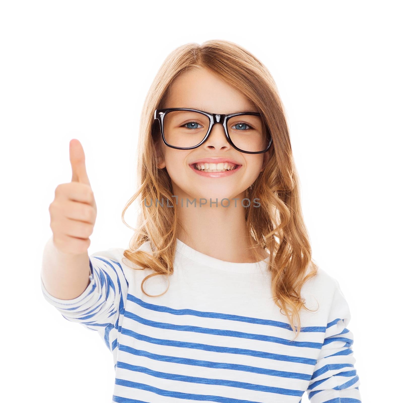 education, school and vision concept - smiling cute little girl with black eyeglasses showing thumbs up gesture