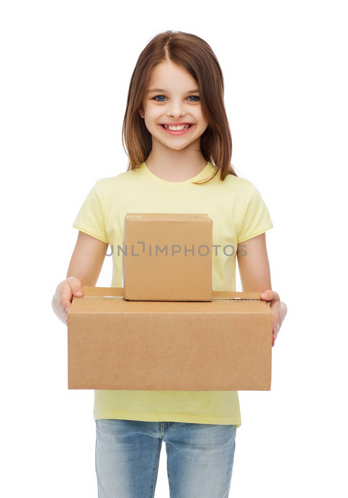 post office, transportation and people concept - smiling little girl with many cardboard boxes