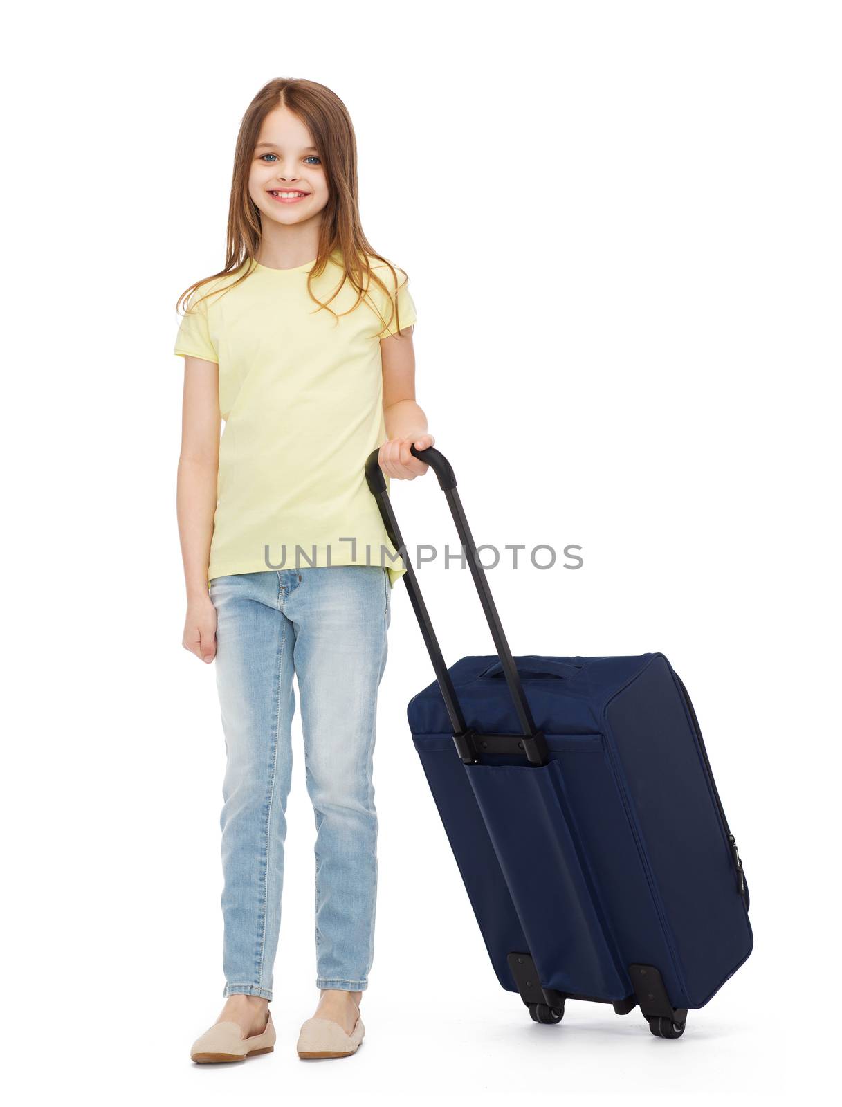 smiling little girl with suitcase by dolgachov