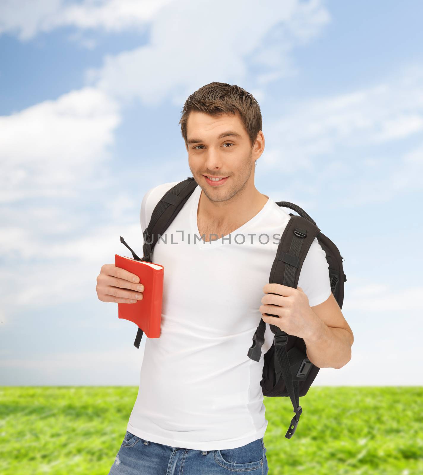 travelling student with backpack and book by dolgachov