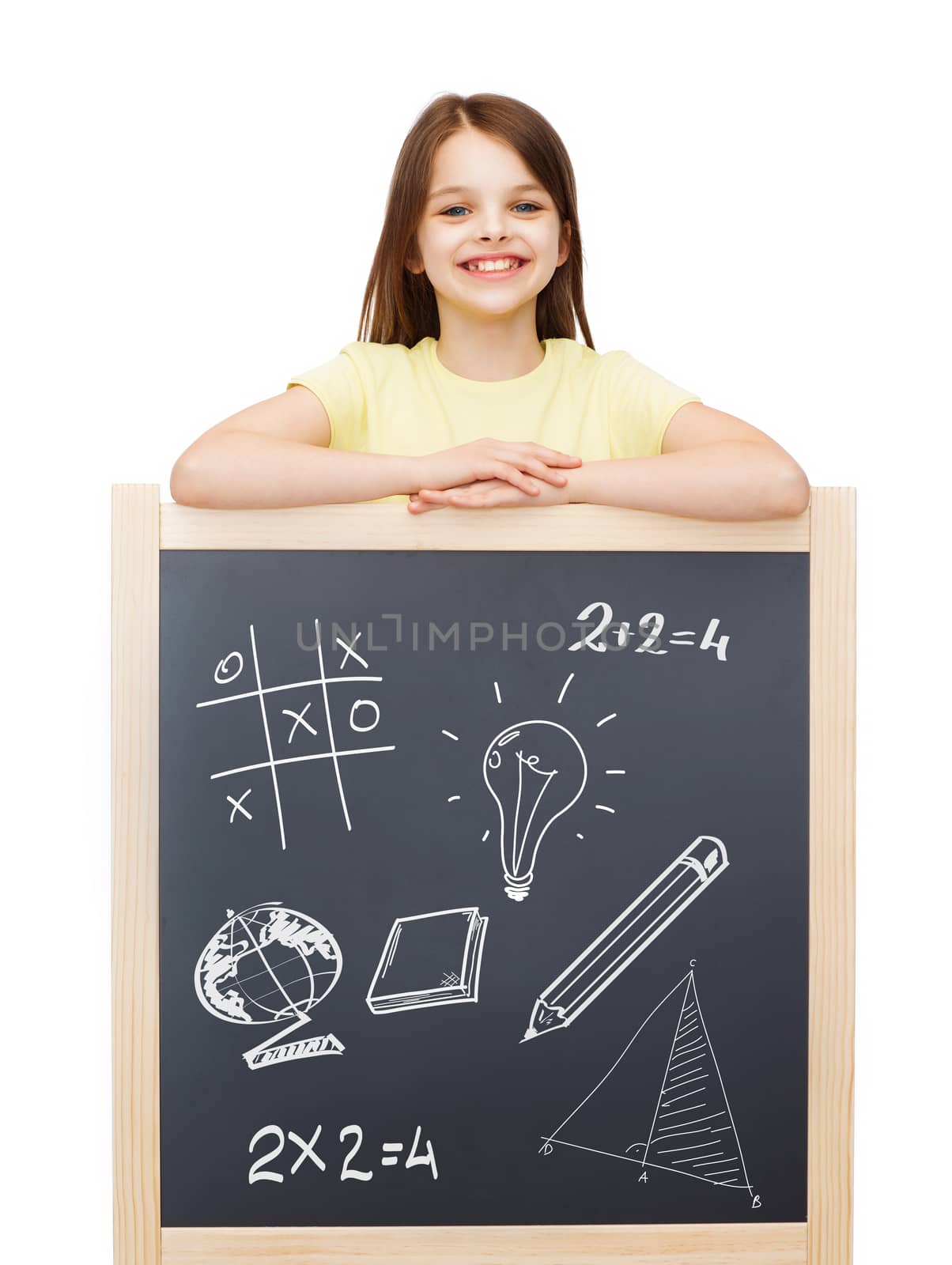 people, childhood, doodles and education concept - smiling little girl with blackboard