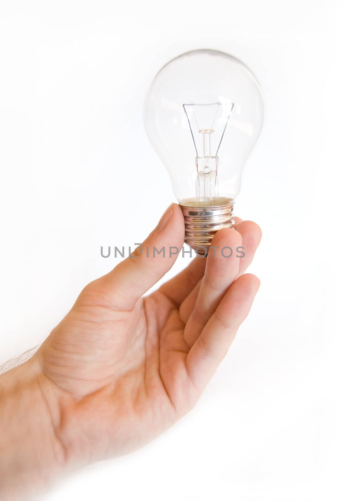 Idea conceptual image. Hand holds the light bulb on isolated background.