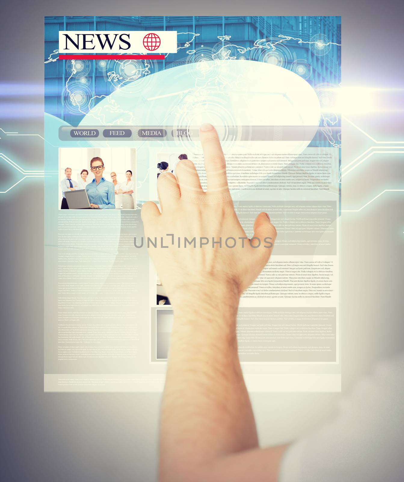 business, technology, internet and news concept - man with virtual screen reading news