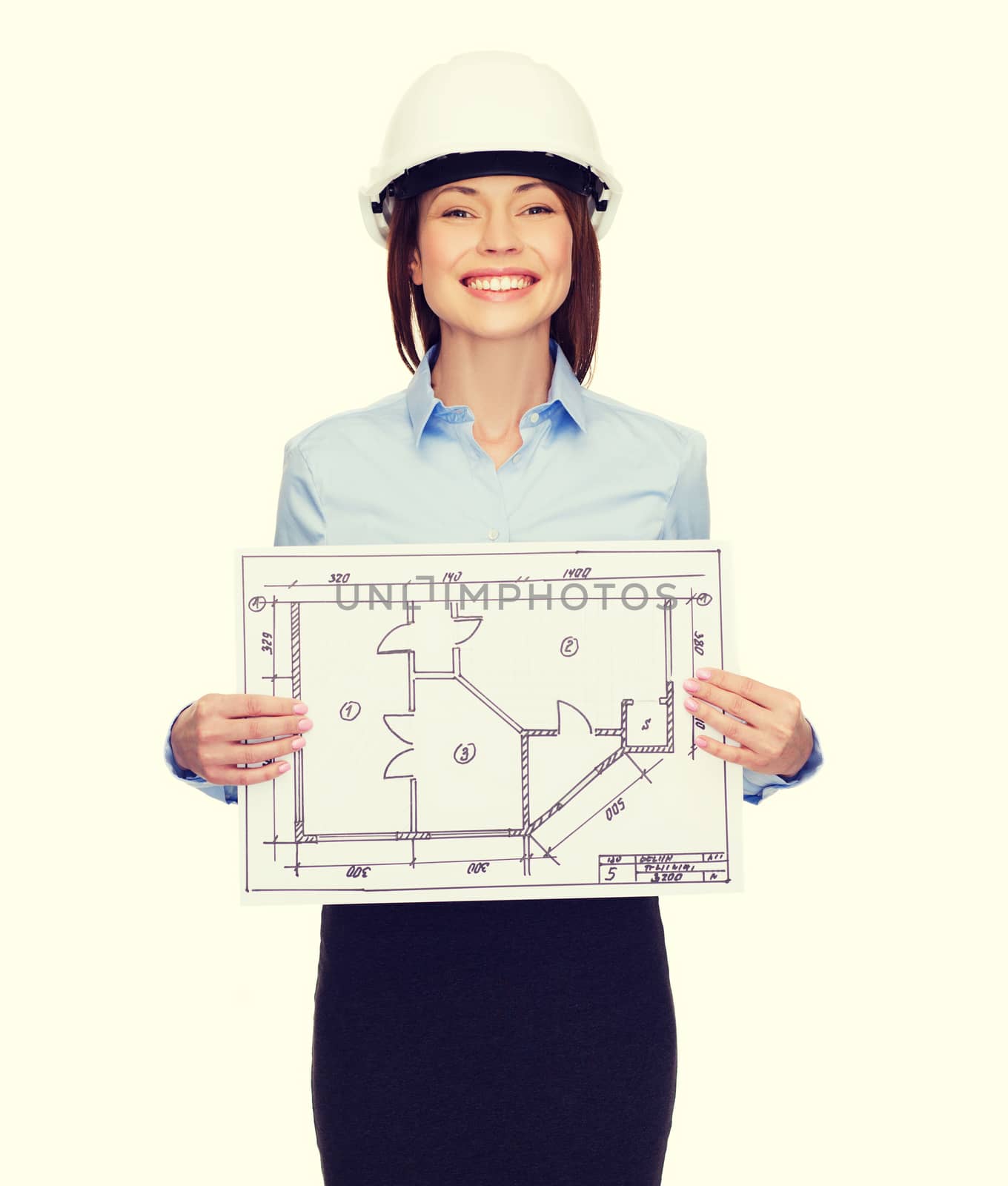 smiling businesswoman in helmet showing blueprint by dolgachov