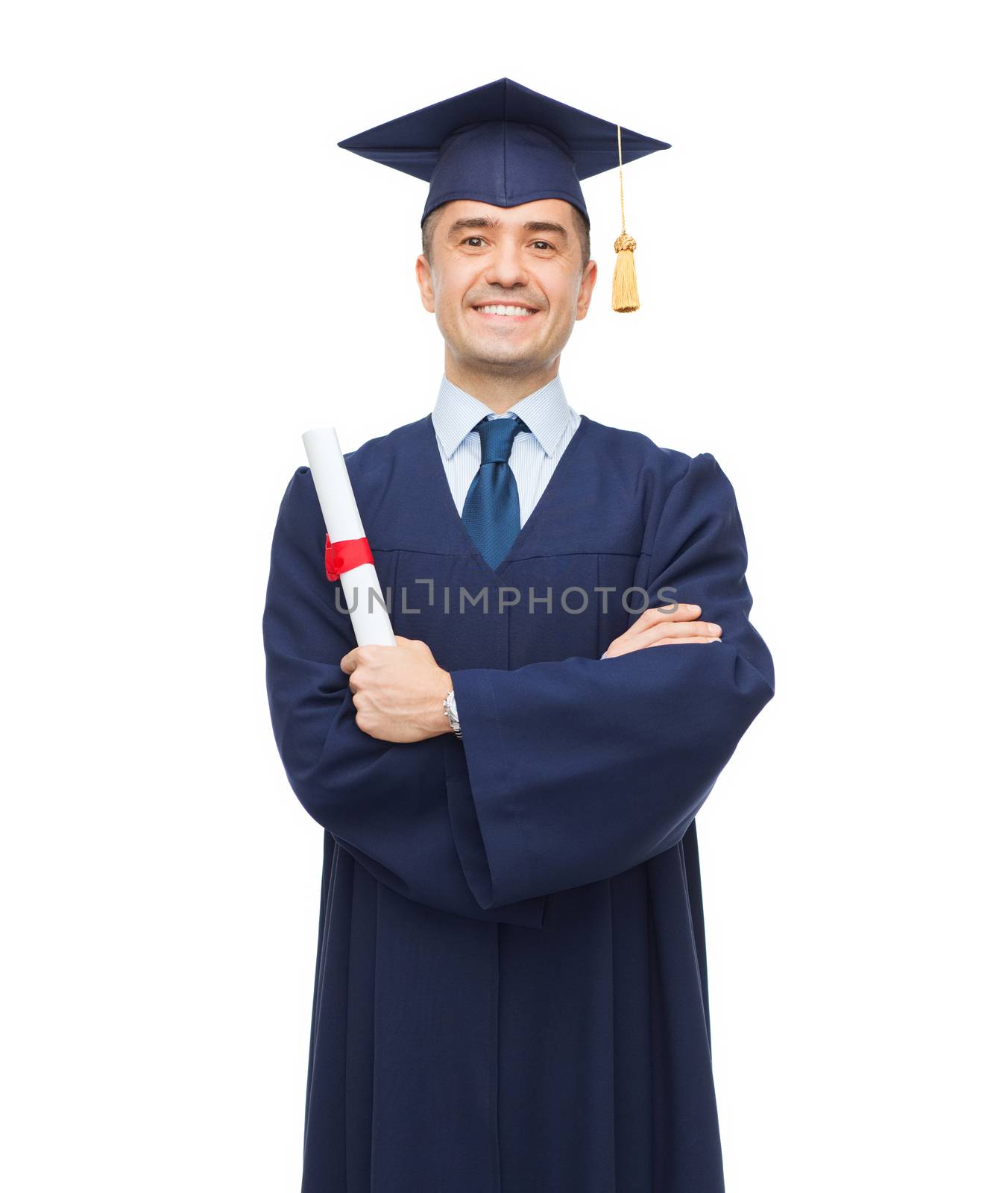 education, graduation and people concept - smiling adult student in mortarboard with diploma