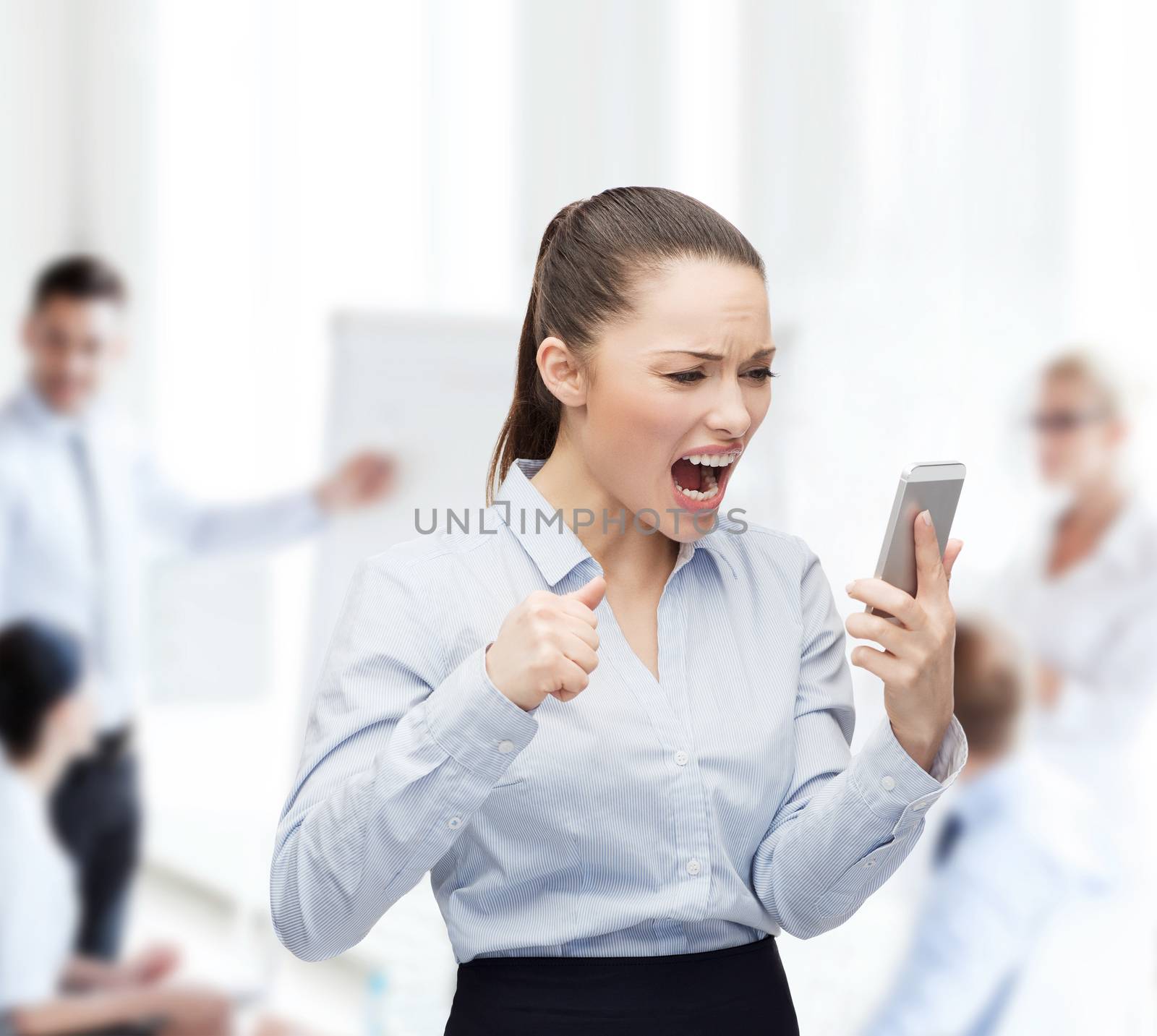 business, technology and education concept - screaming businesswoman with smartphone in office
