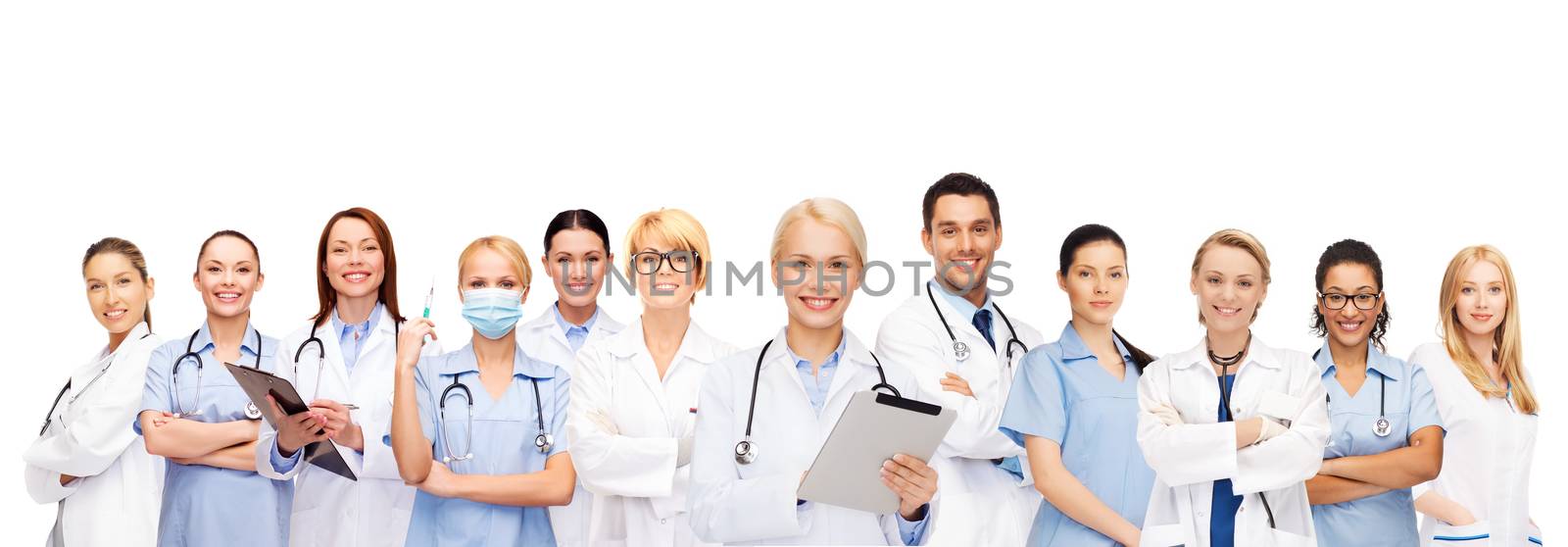 healthcare, technology and medicine concept - smiling female and male doctors and nurses with tablet pc computer