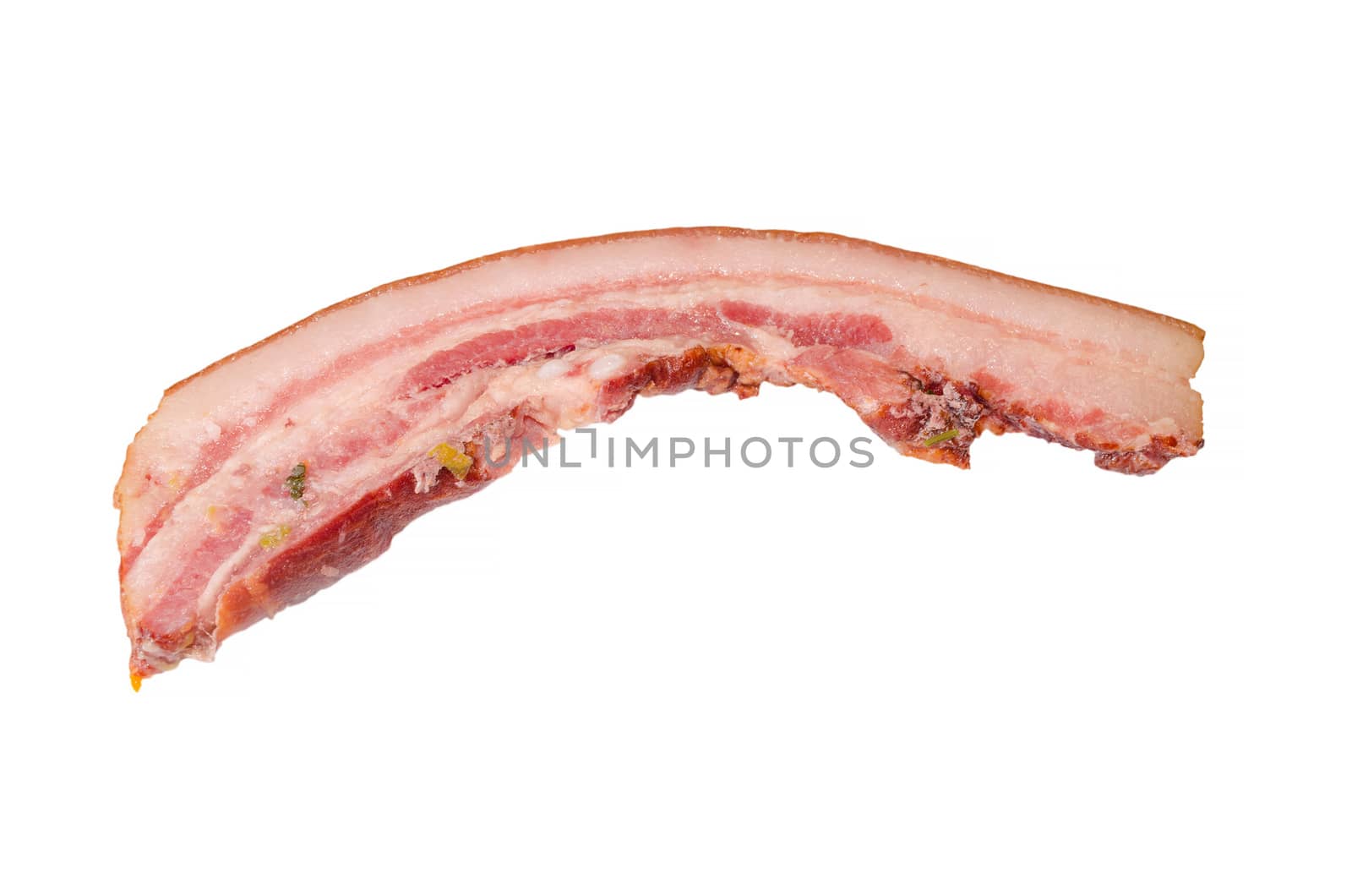 A slice of bacon, pork belly, pork against white background.