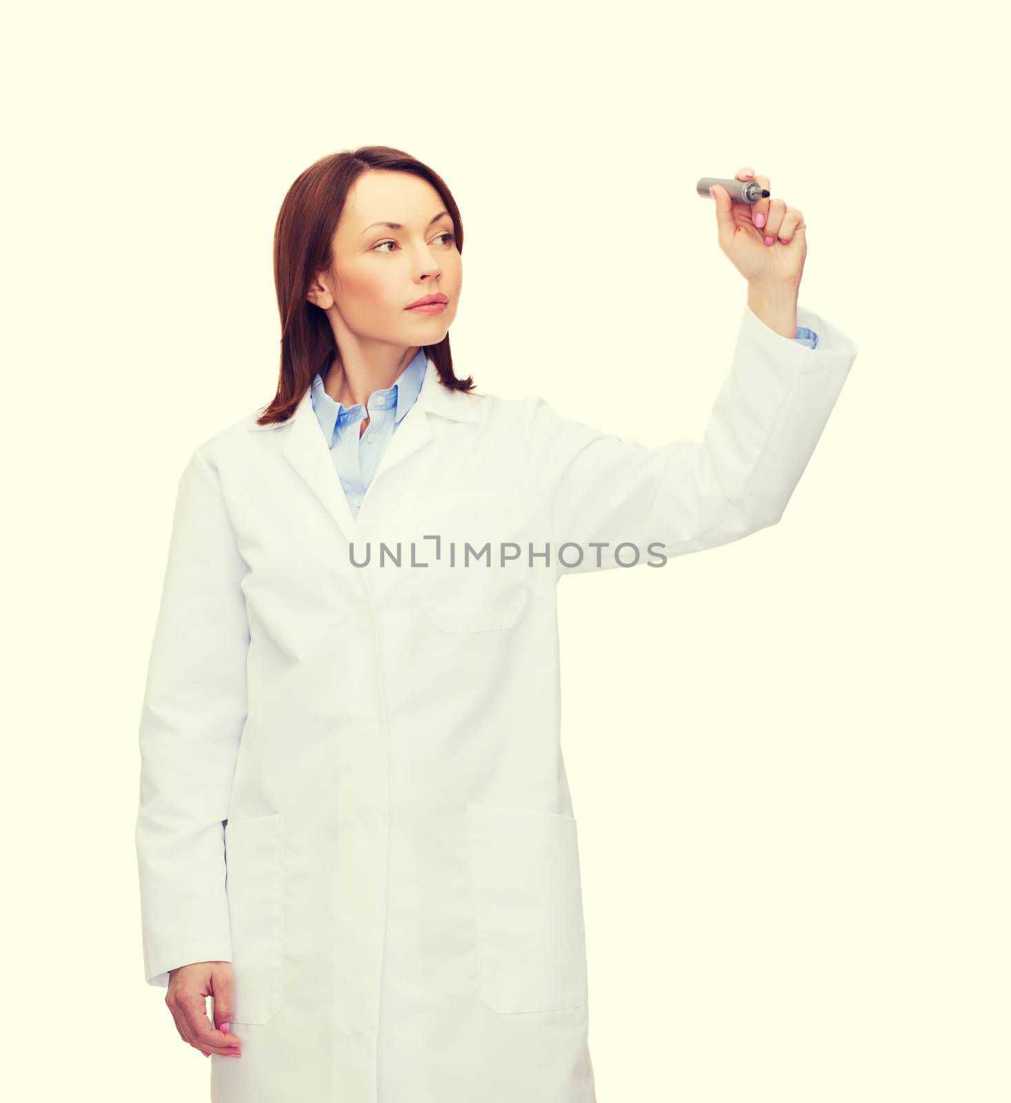 healthcare, medical and technology concept - young female doctor writing something in the air