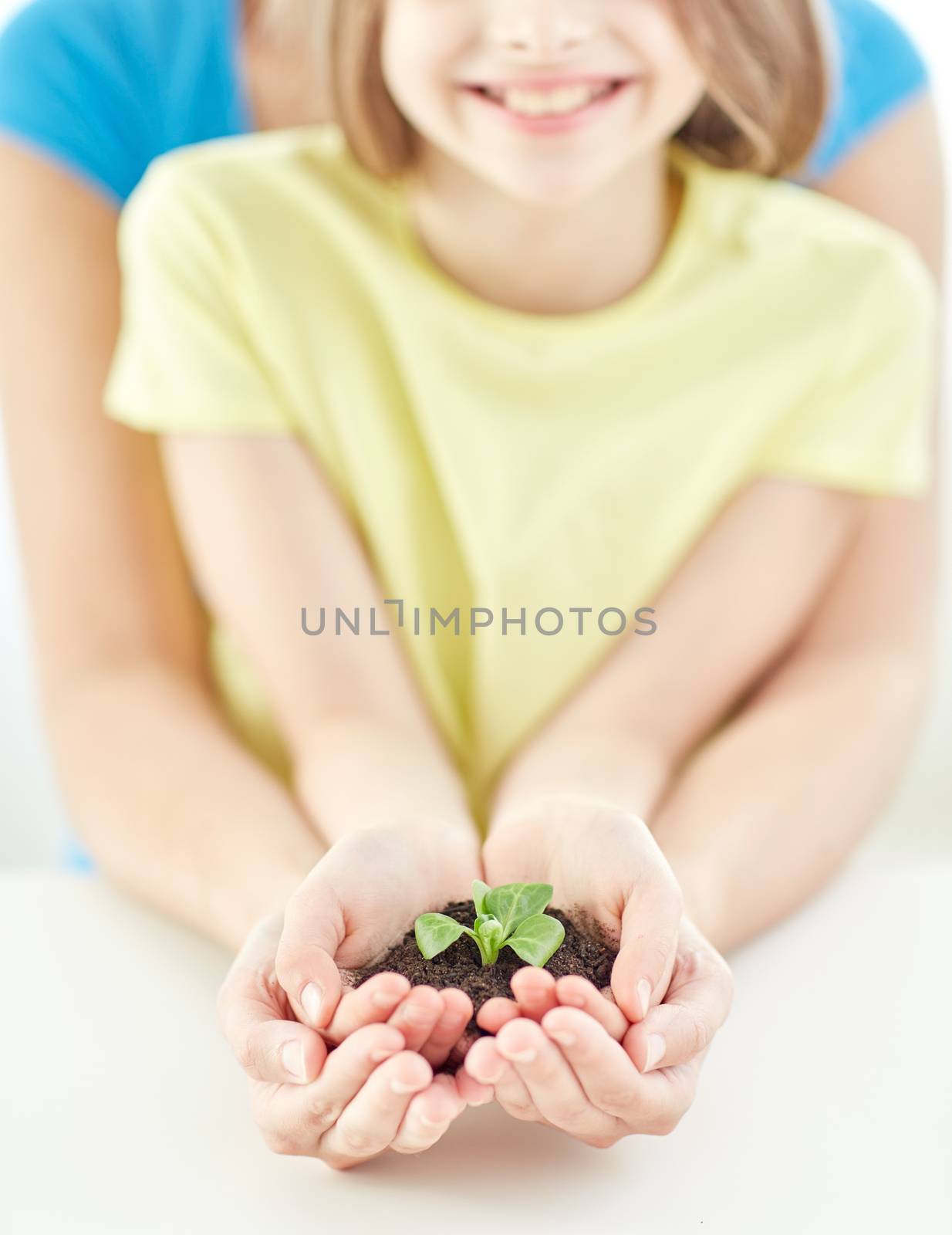 close up of child and parent hands holding sprout by dolgachov