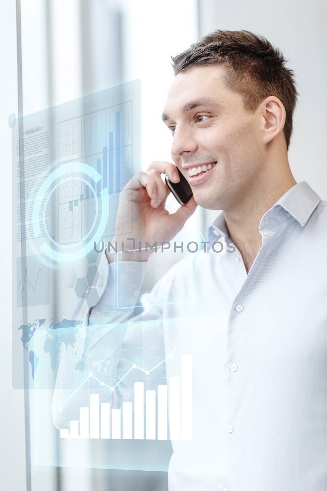 business, technology and office concept - smiling businessman with smartphone in office