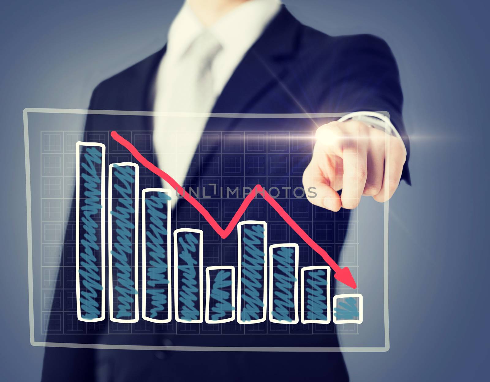 business and technology concept - businessman hand with chart on virtual screen