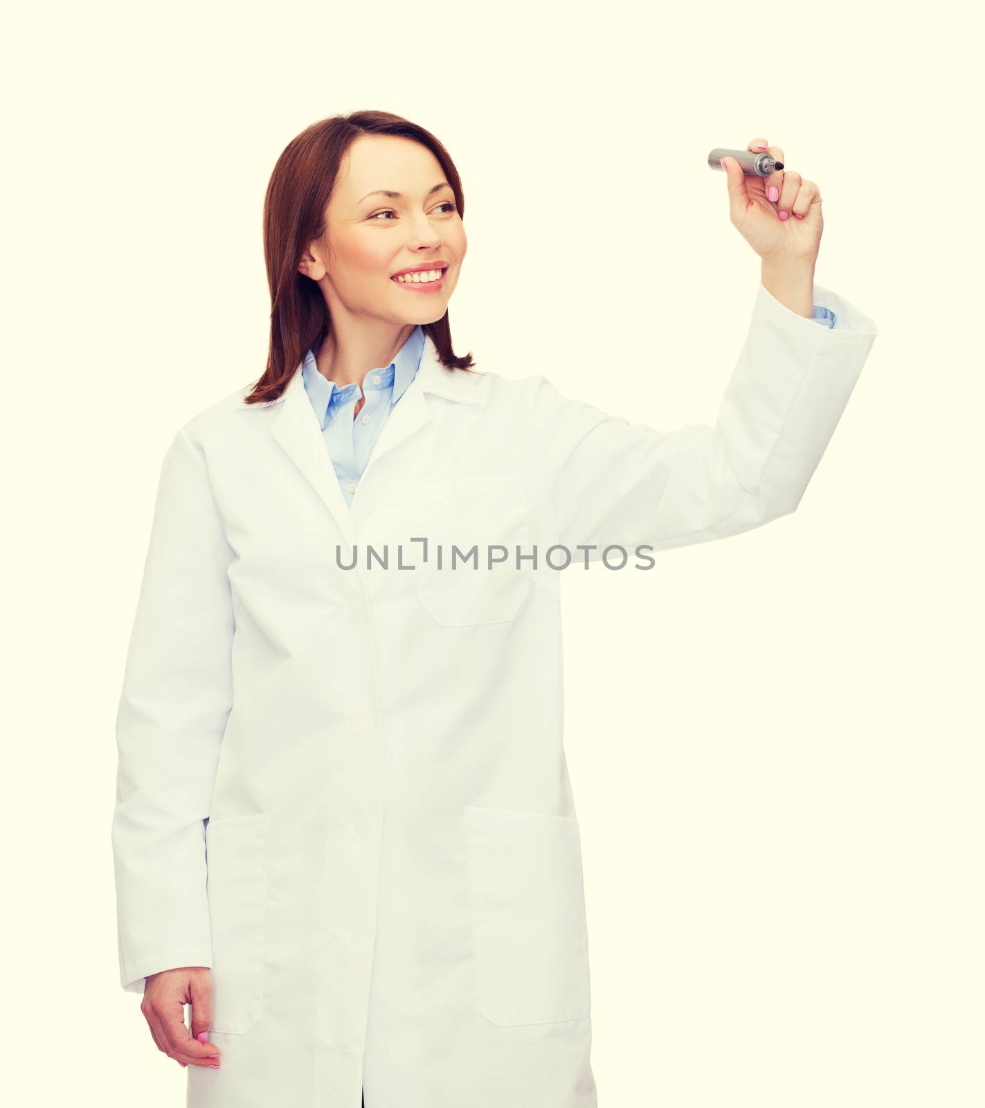 healthcare, medical and technology concept - young female doctor writing something in the air