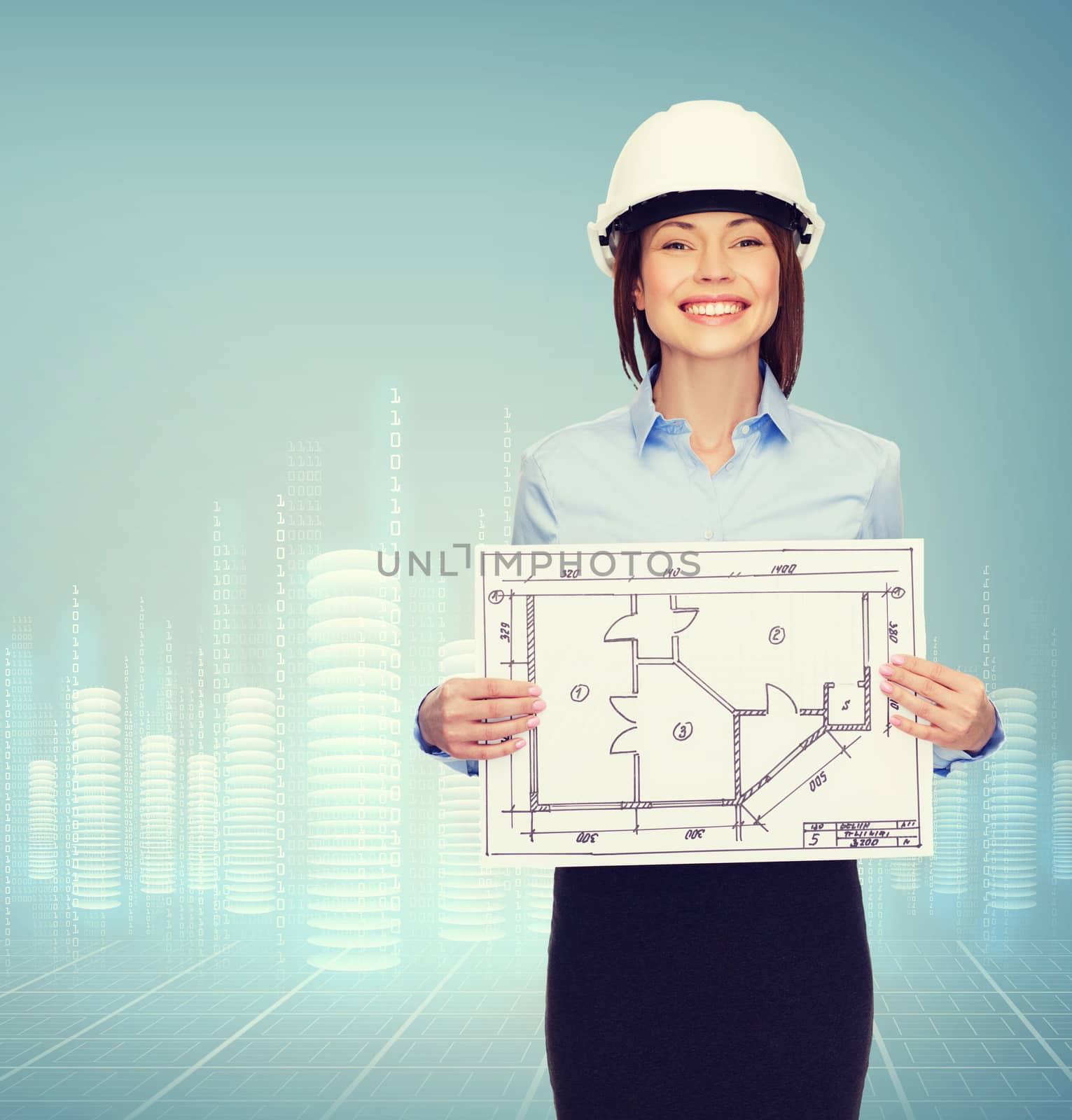 building, developing, consrtuction and architecture concept - smiling businesswoman in white helmet showing blueprint