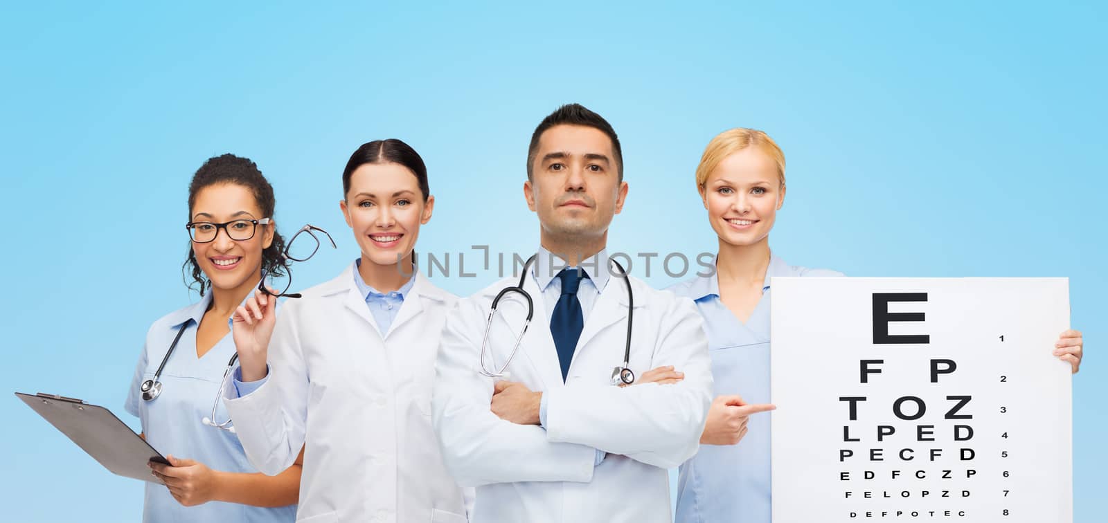 healthcare, eyesight, ophthalmology, people and medicine concept - group of doctors with eye chart and glasses over blue background