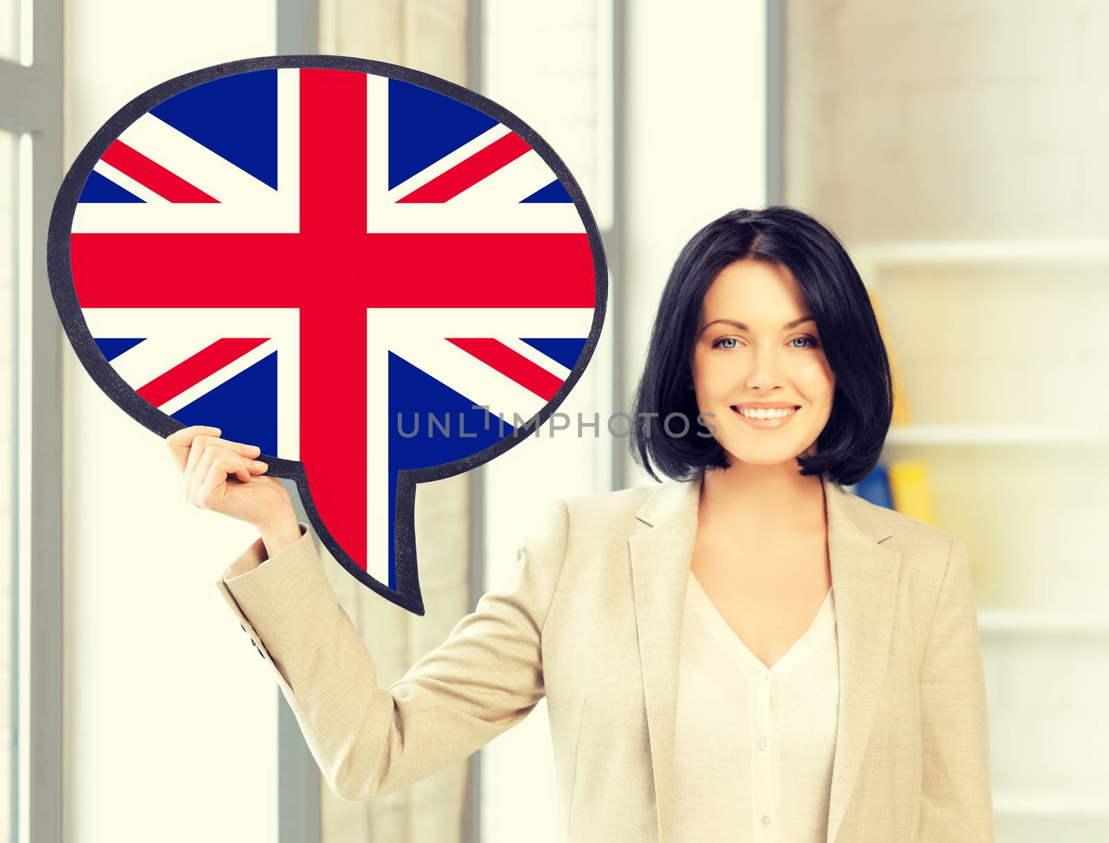 smiling woman with text bubble of british flag by dolgachov