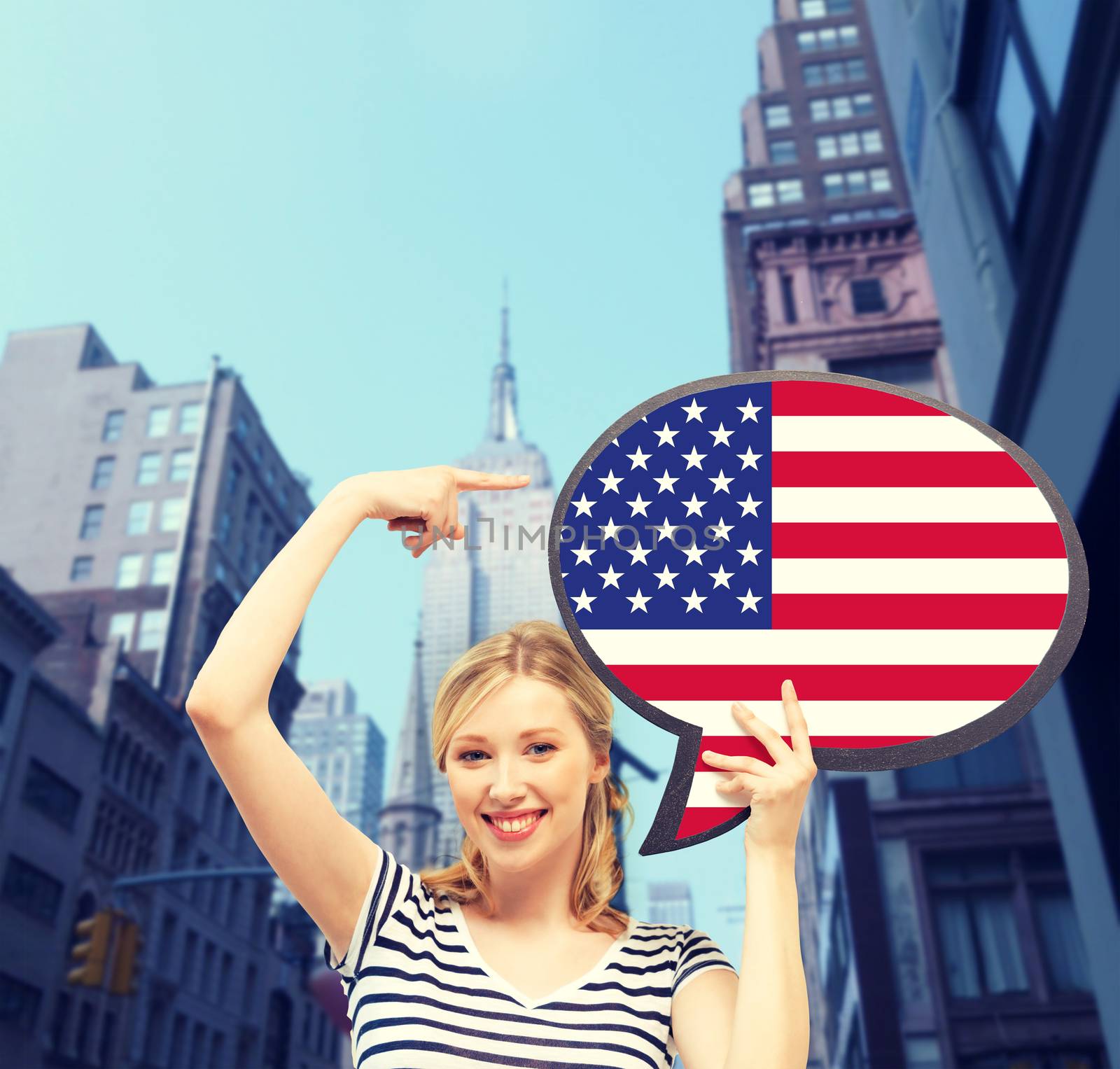 smiling woman with text bubble of american flag by dolgachov