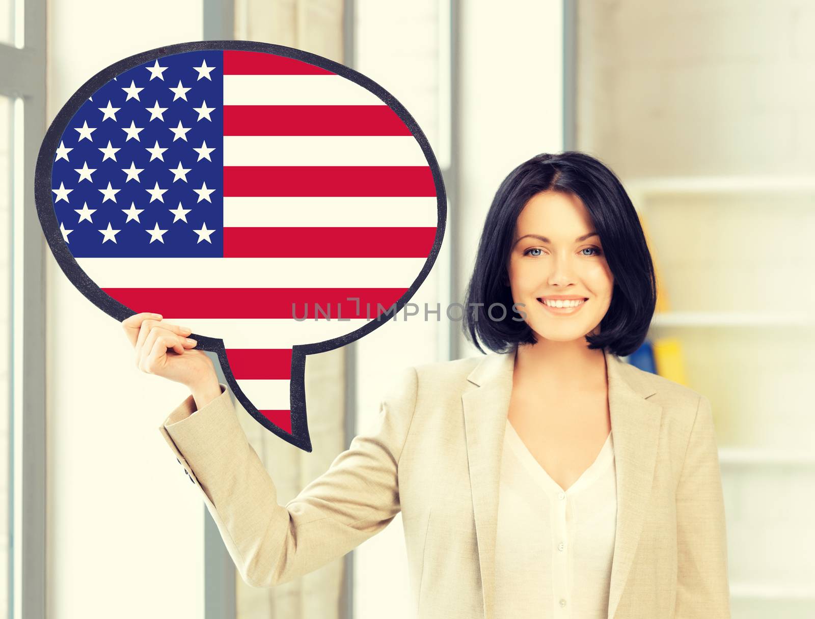 smiling woman with text bubble of american flag by dolgachov