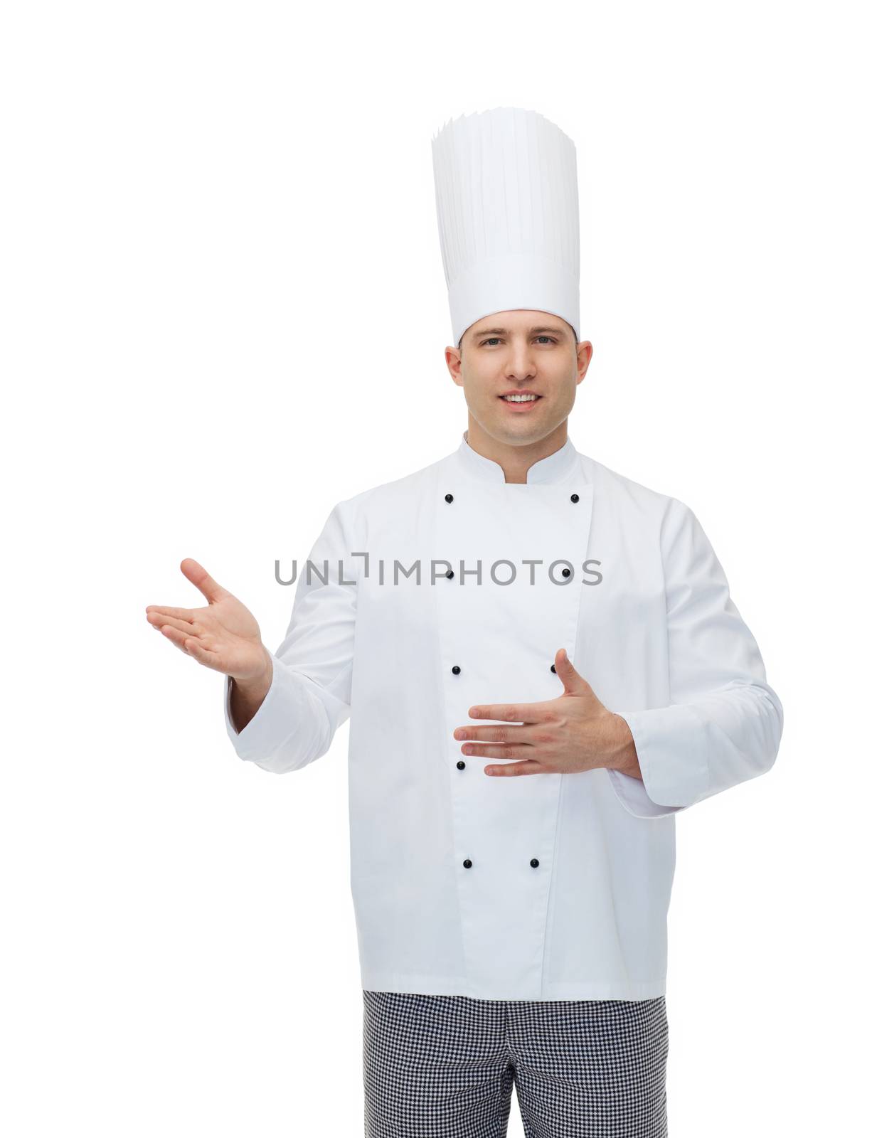 cooking, profession and people concept - happy male chef cook inviting