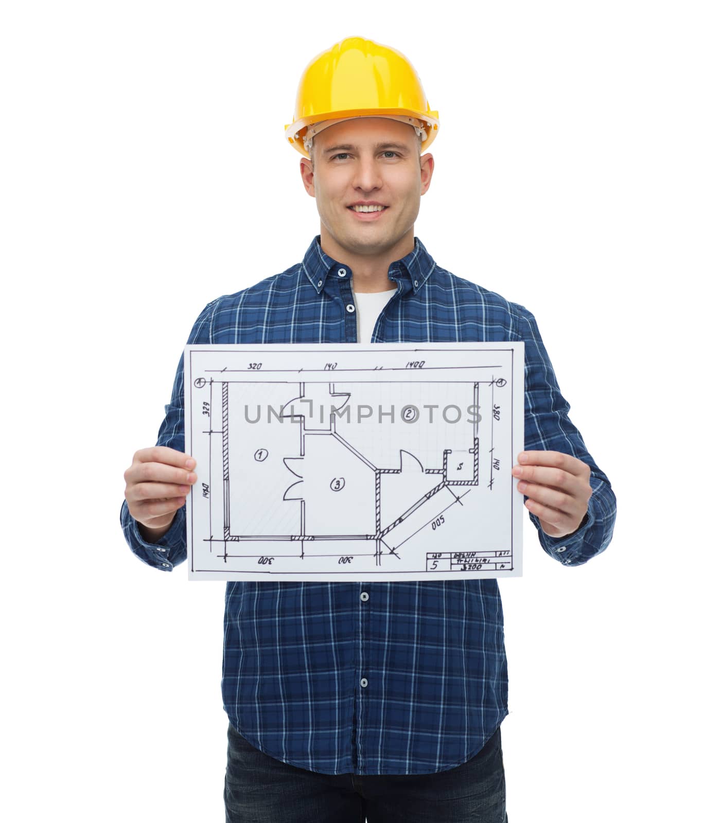 repair, construction, building, people and maintenance concept - smiling male builder or manual worker in helmet showing blueprint