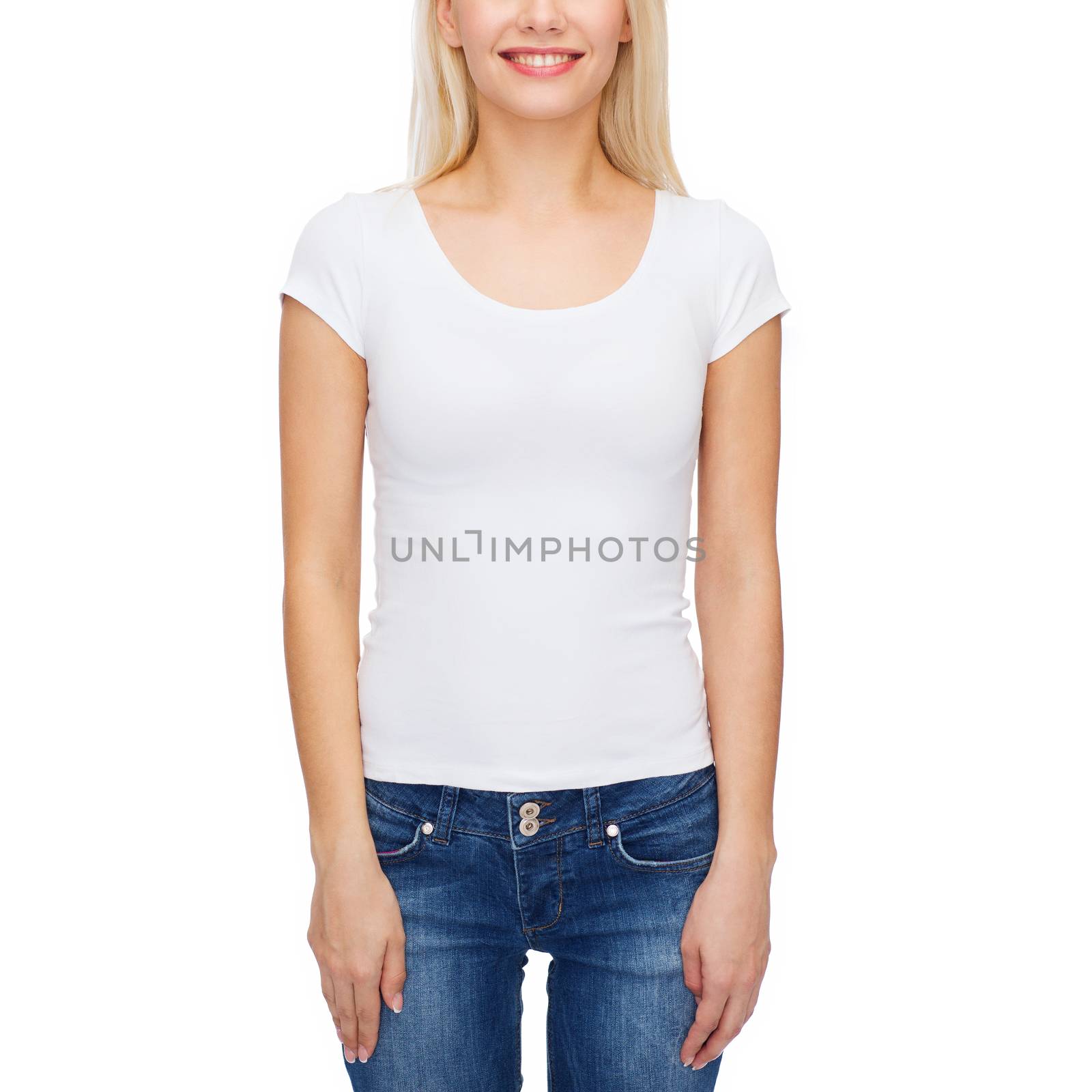 smiling woman in blank white t-shirt by dolgachov