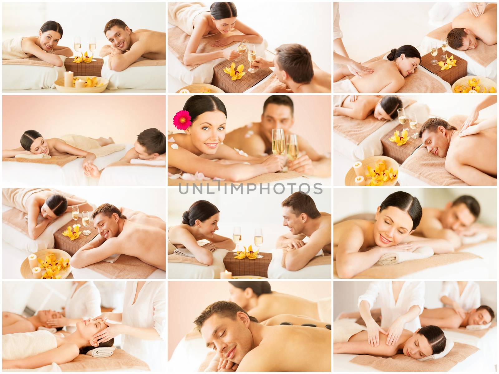 health and beauty, resort and relaxation concept - collage of many pictures with happy family couple in spa salon getting massage