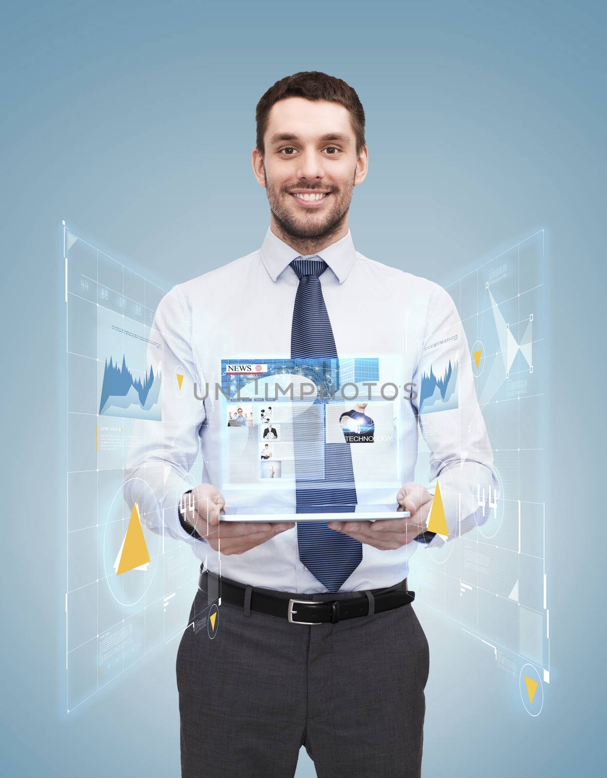 business, technology, internet and education concept - friendly young smiling businesswoman with tablet computer showing news