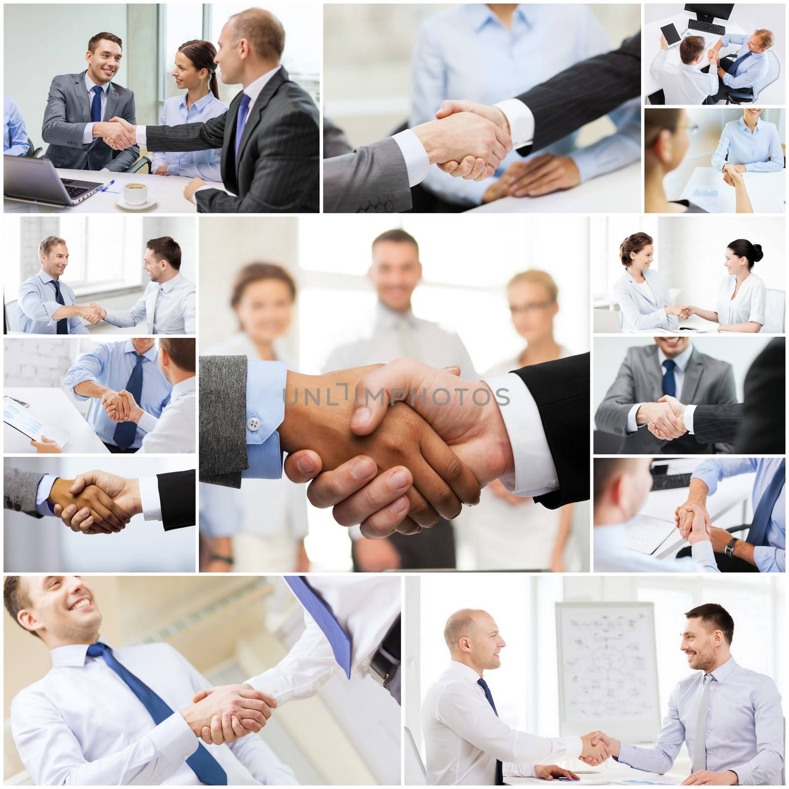 business deal and office concept - collage with many different people shaking hands in office