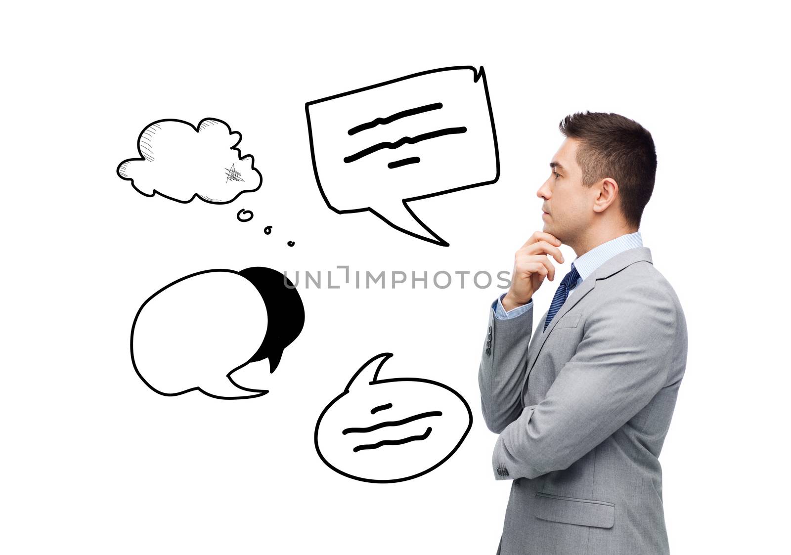 business, people, communication and information concept - thinking businessman in suit with text bubble doodles making decision