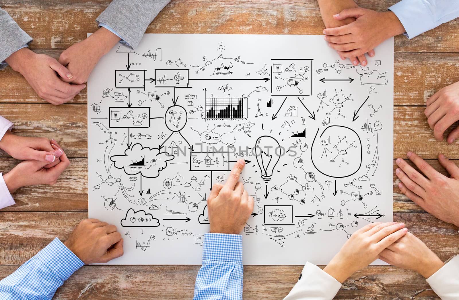 business, people, strategy, planning and team work concept - close up of creative team sitting at table and pointing finger to scheme in office