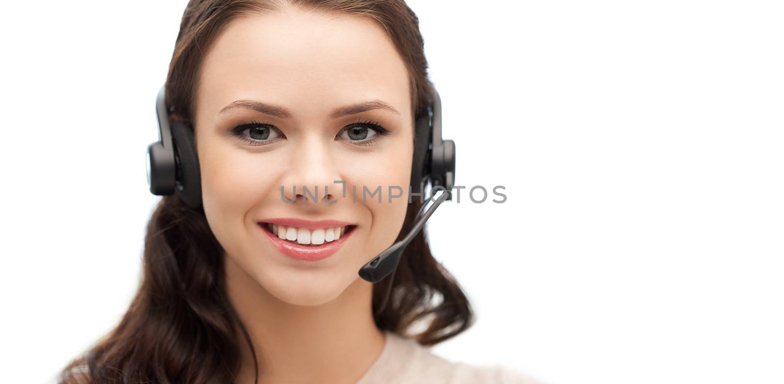 business and office concept - friendly female helpline operator with headphones