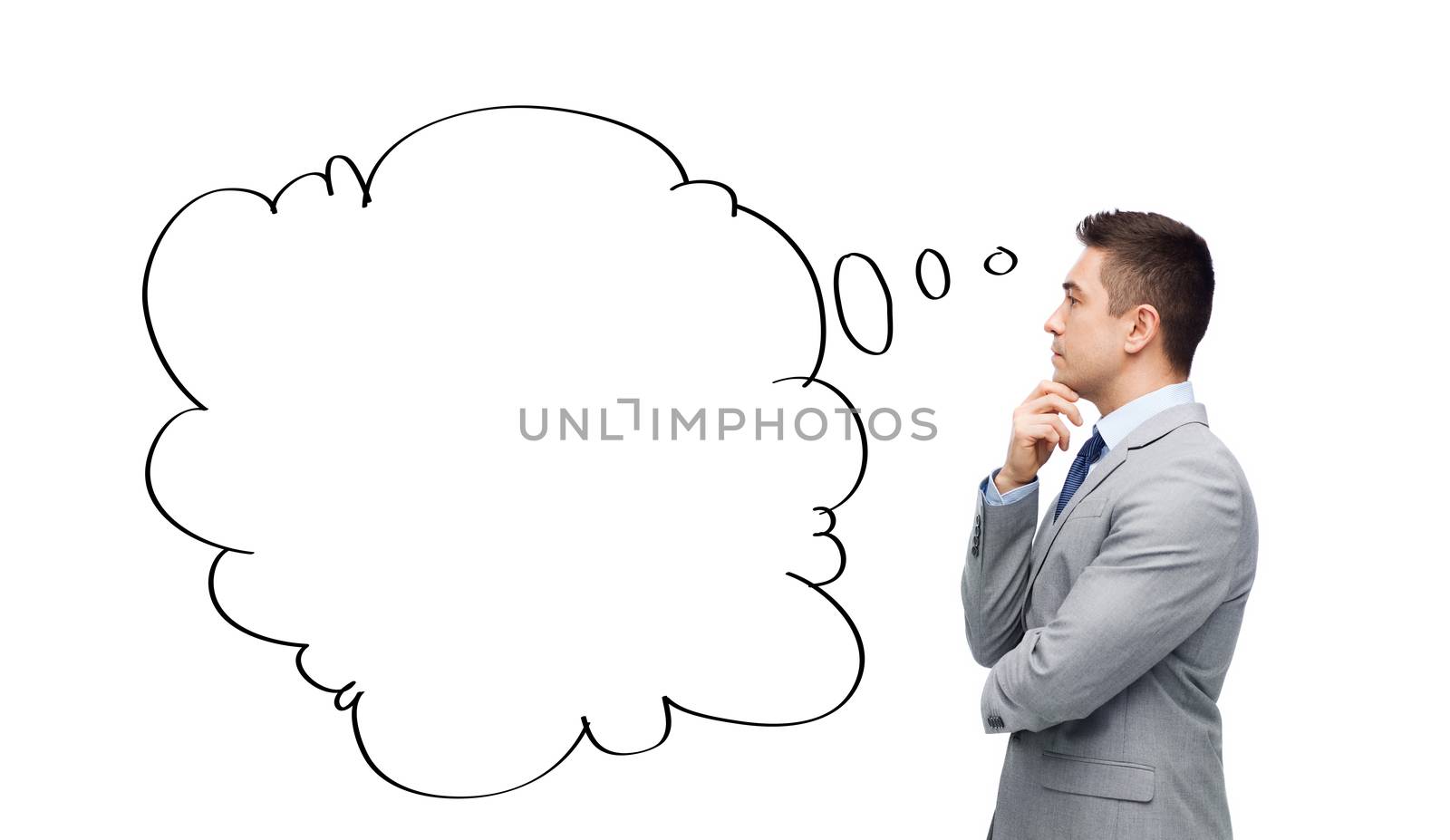 business, people, communication and information concept - thinking businessman in suit with text bubble doodle making decision