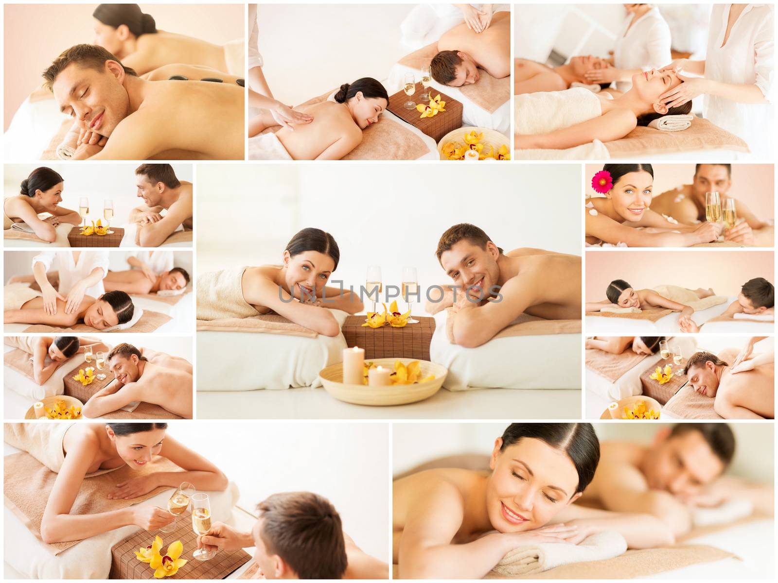 health and beauty, resort and relaxation concept - collage of many pictures with happy family couple in spa salon getting massage