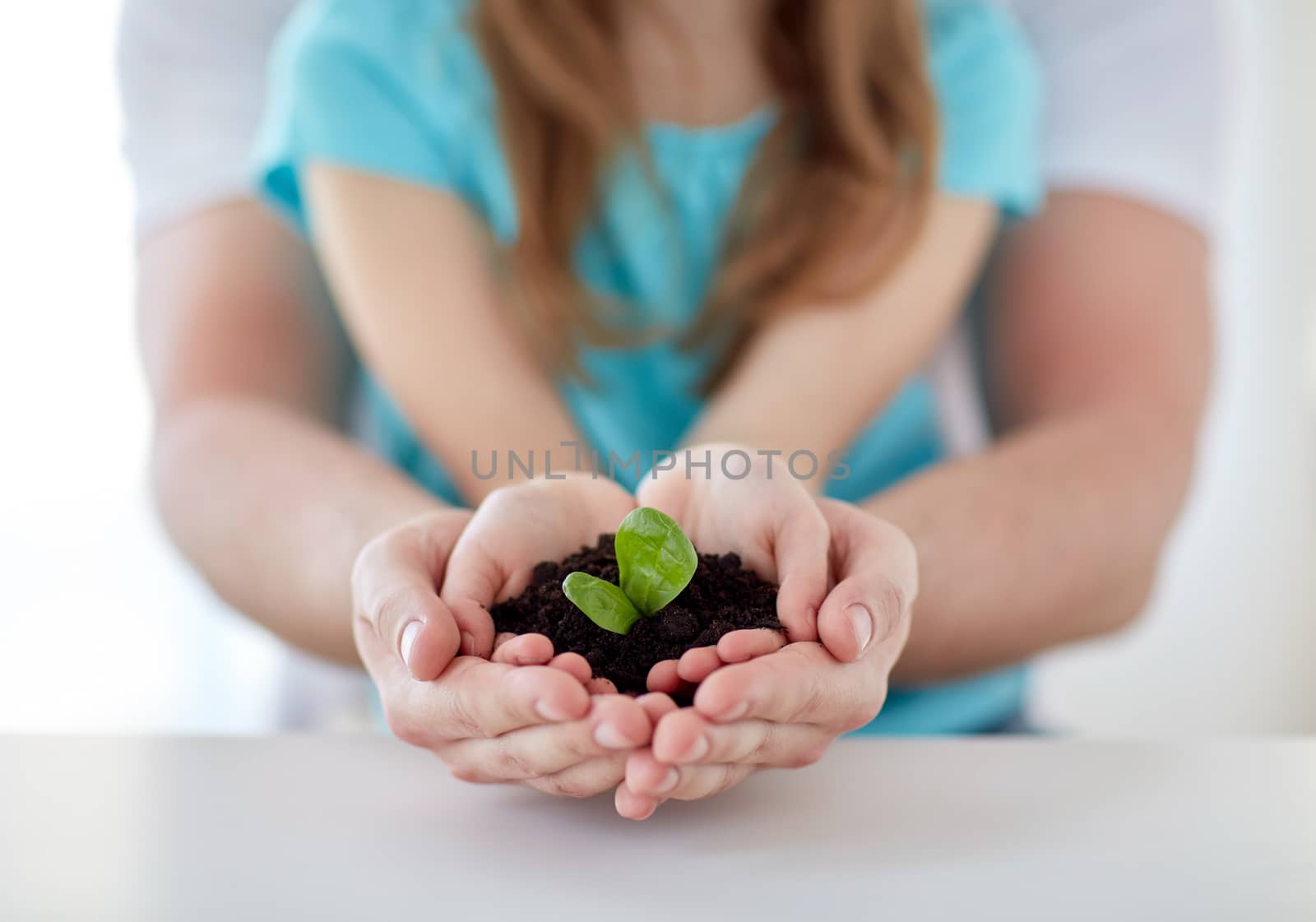 people, charity, family and ecology concept - close up of father and girl holding soil with green sprout in cupped hands at home