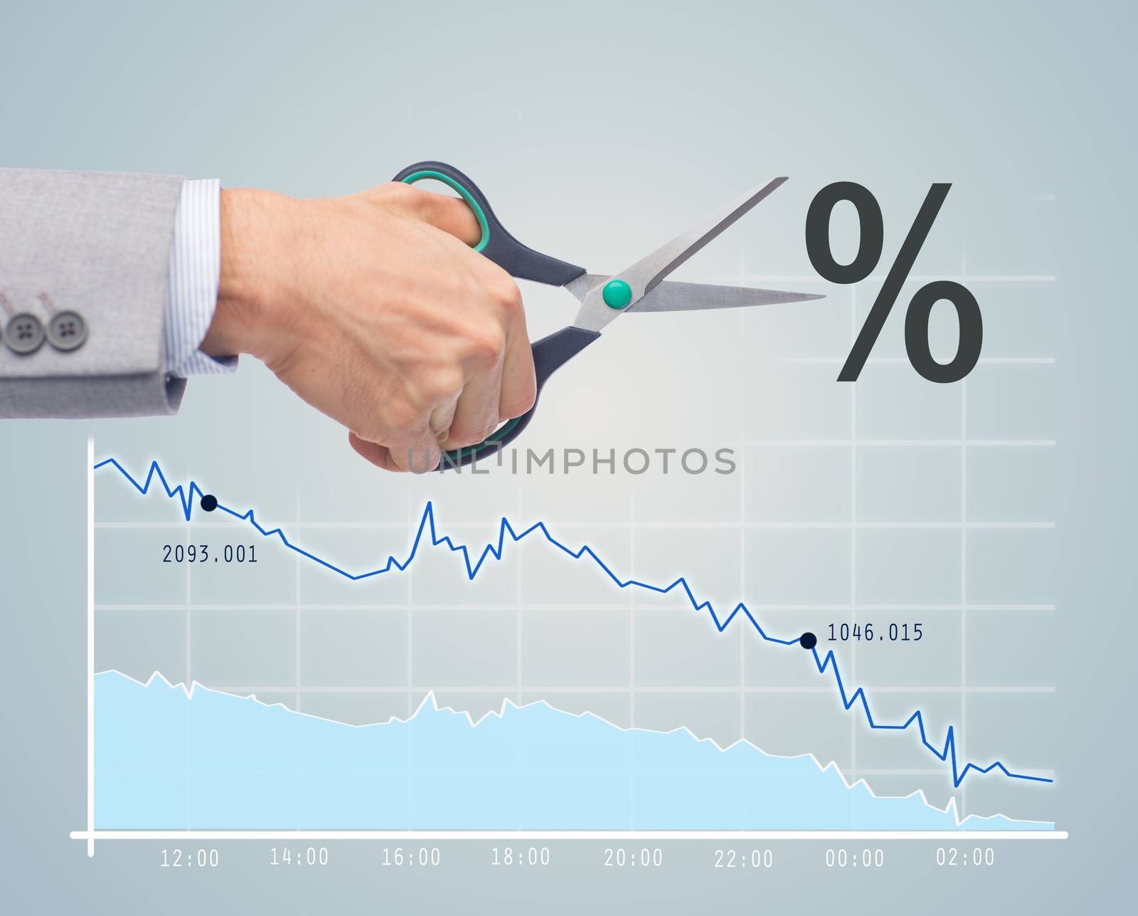 business, people, default, financial and economical crisis concept - close up of businessman hand with scissors cutting percentage sign over chart and gray background